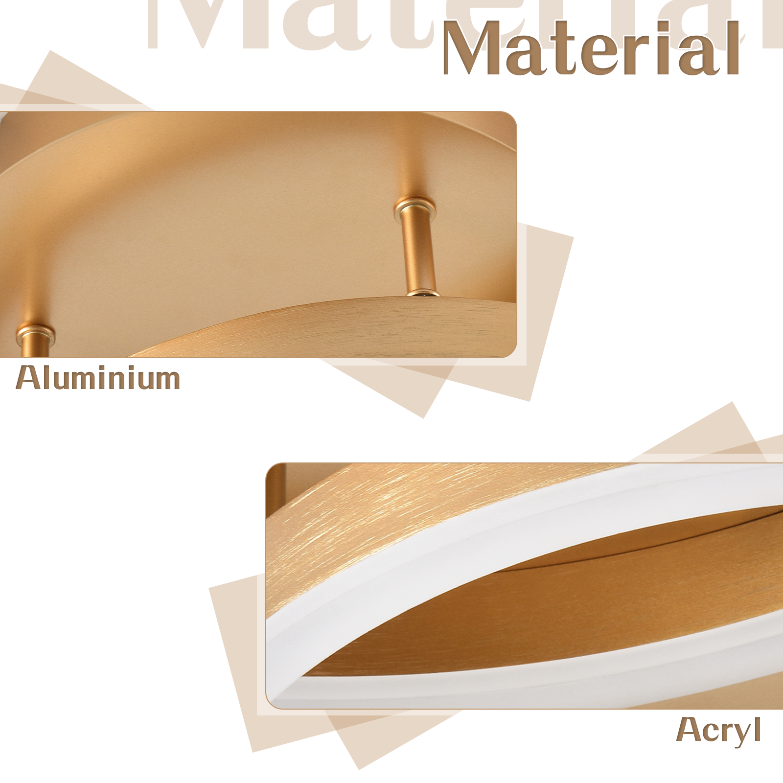 Primer plano de una lámpara de techo dorada con partes de aluminio y acrílico.