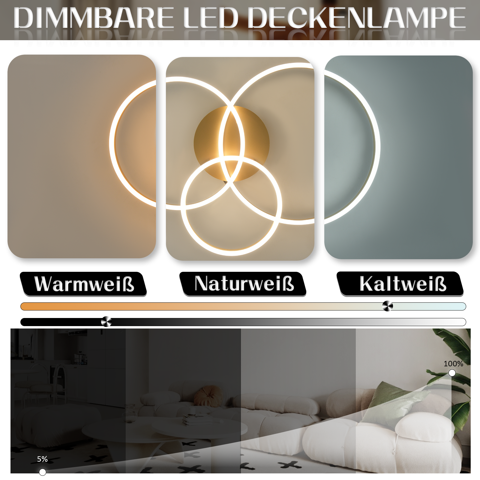 Tres configuraciones de luz diferentes: blanco cálido, blanco natural y blanco frío para una lámpara de techo.