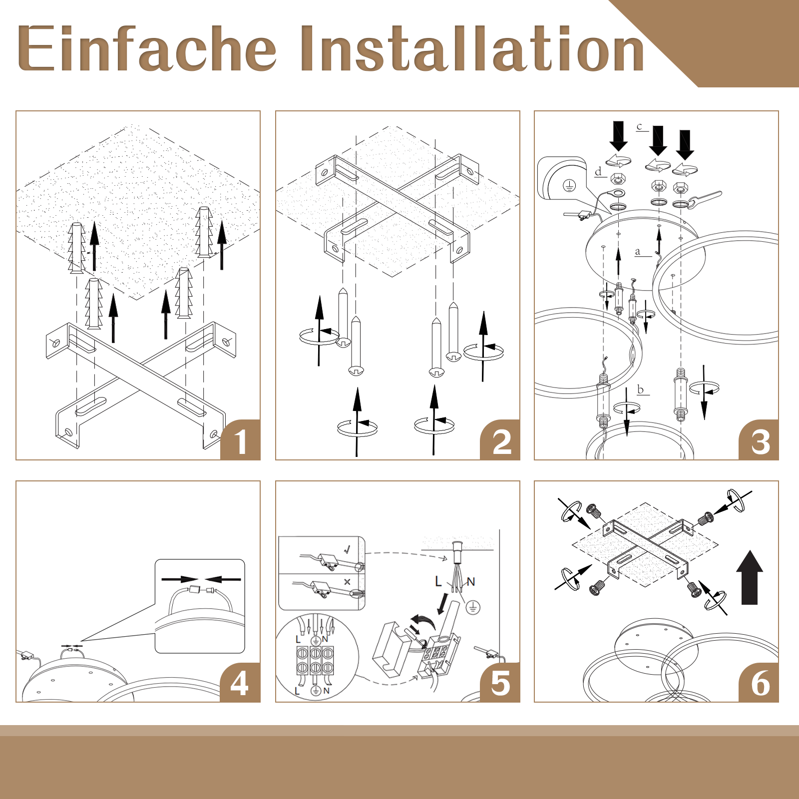 Instrucciones paso a paso para la instalación de una luz de techo: diagramas y pasos numerados.