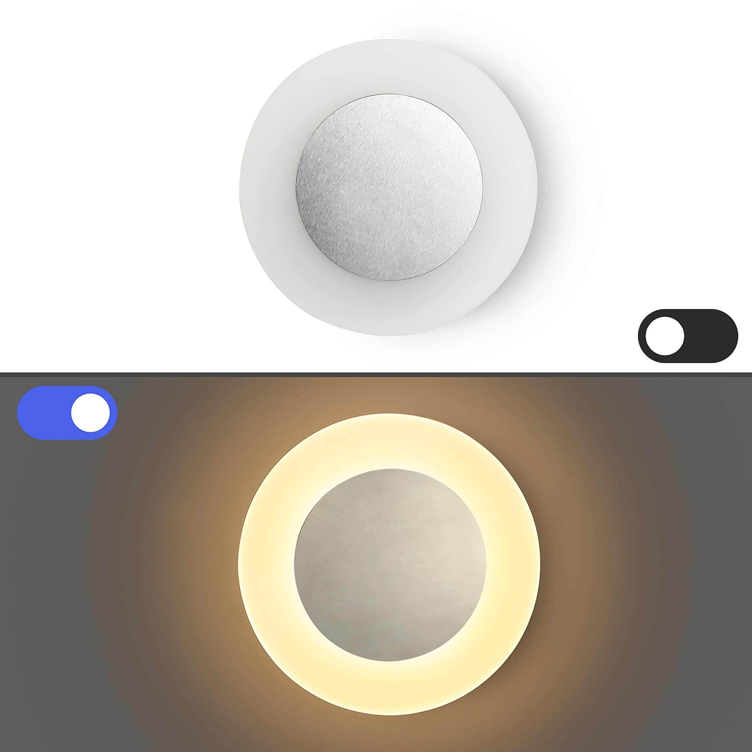 Luz de pared redonda, encendida y apagada, con interruptor de palanca que muestra estados de encendido/apagado.
