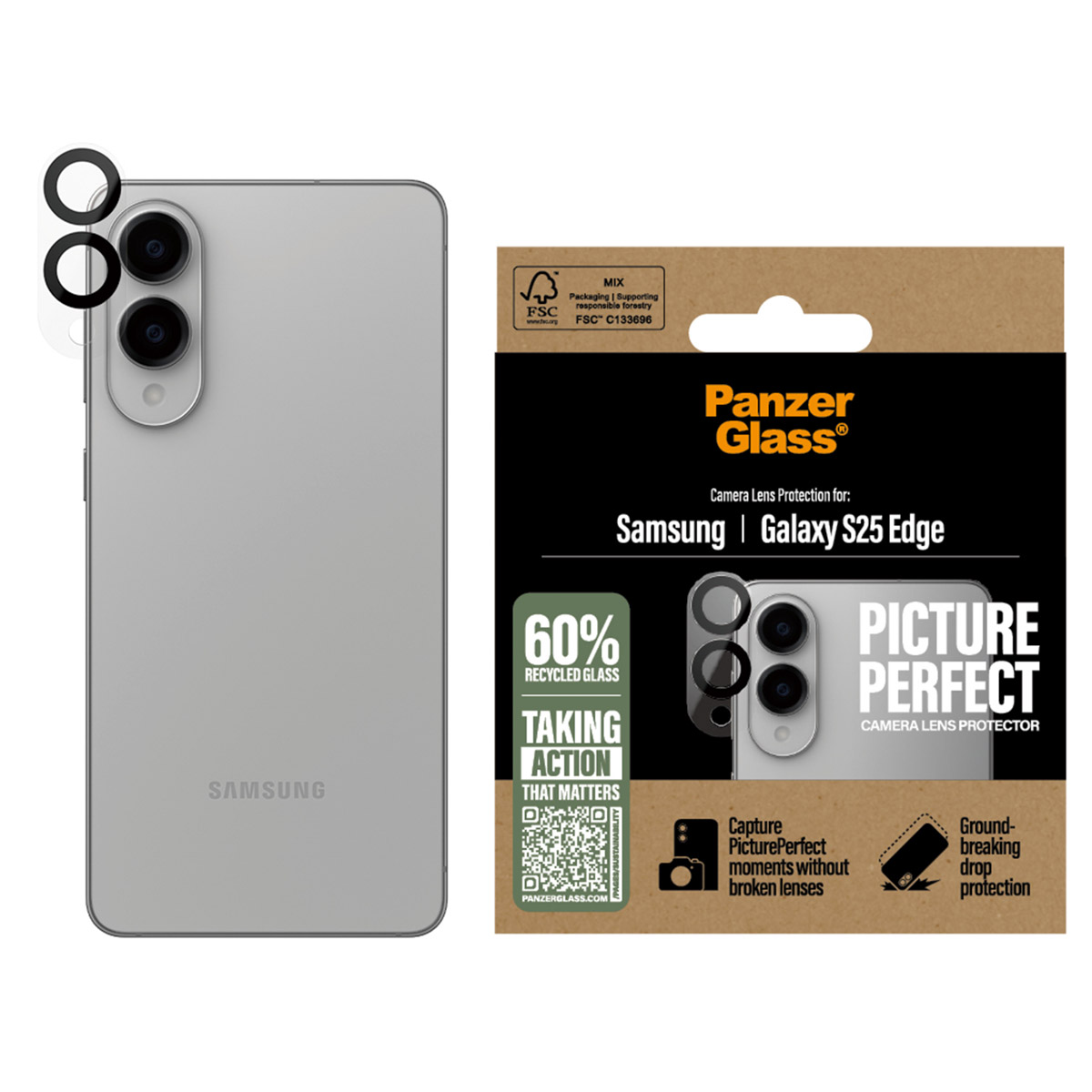 Teléfono inteligente y caja con protector de lente de cámara.