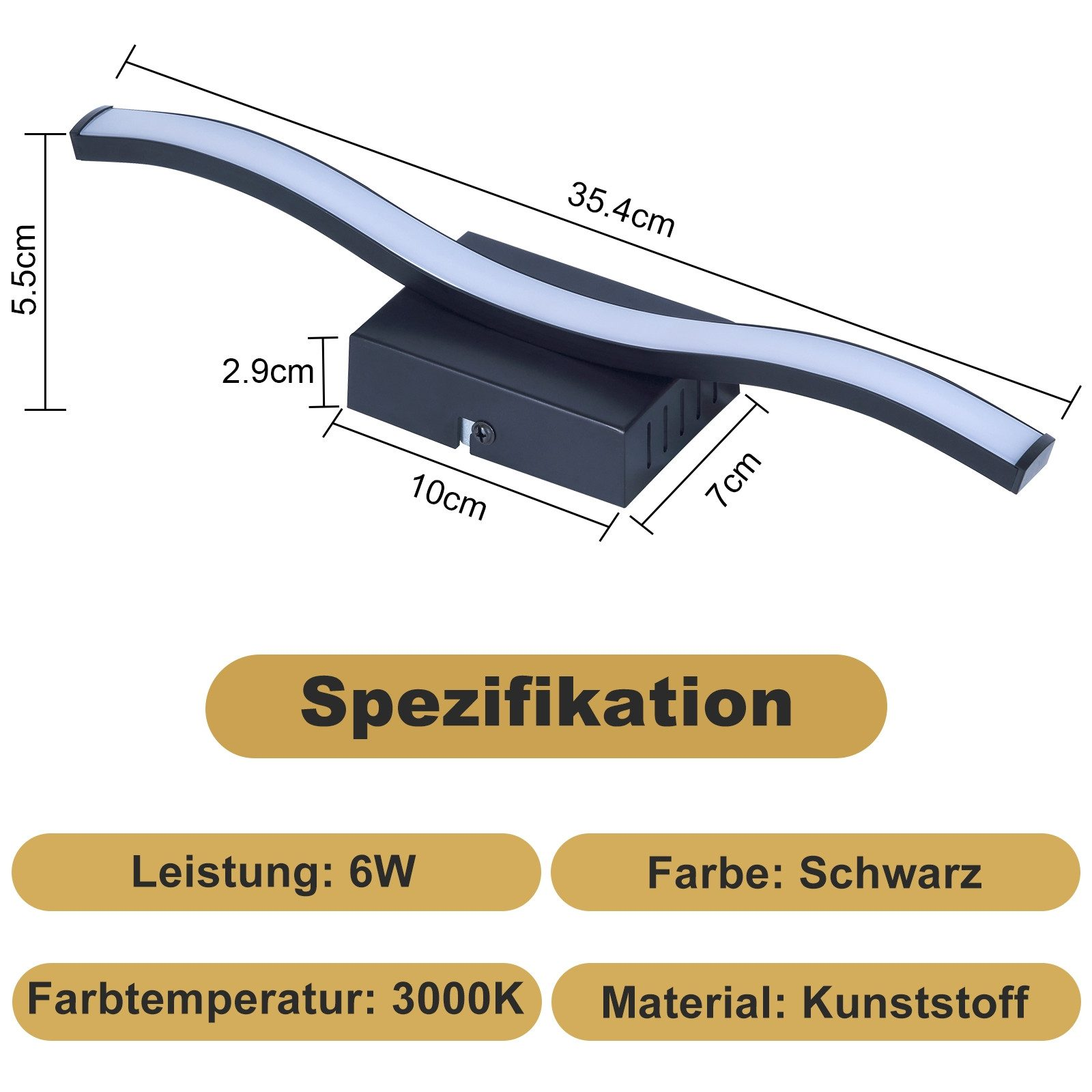 Apparecchio a LED curvo, nero, con dimensioni e specifiche. Il testo dice Farbe: Schwarz.