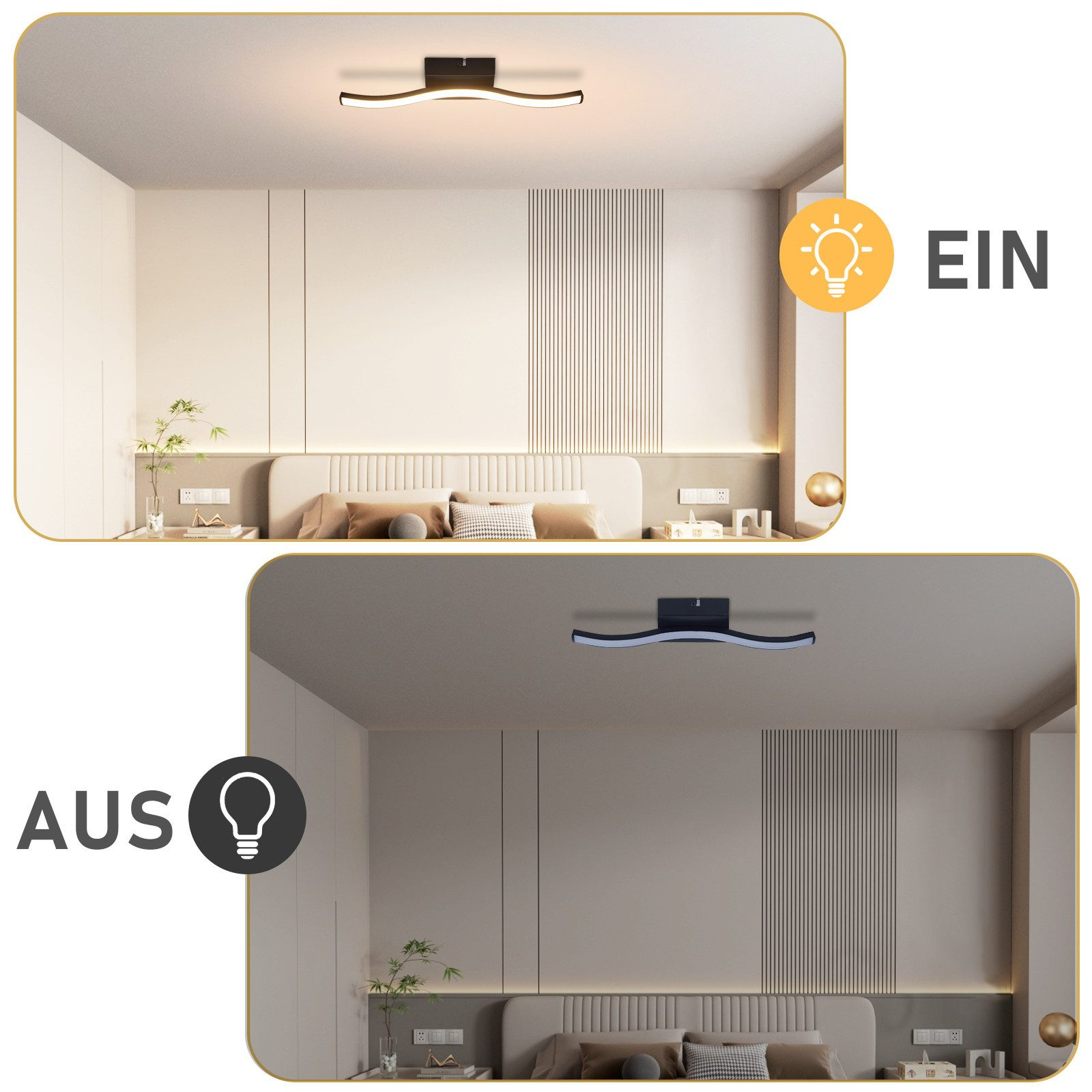 Scena della camera da letto con luce del soffitto Accesa e Spenta. Muri beige e un letto sono visibili.