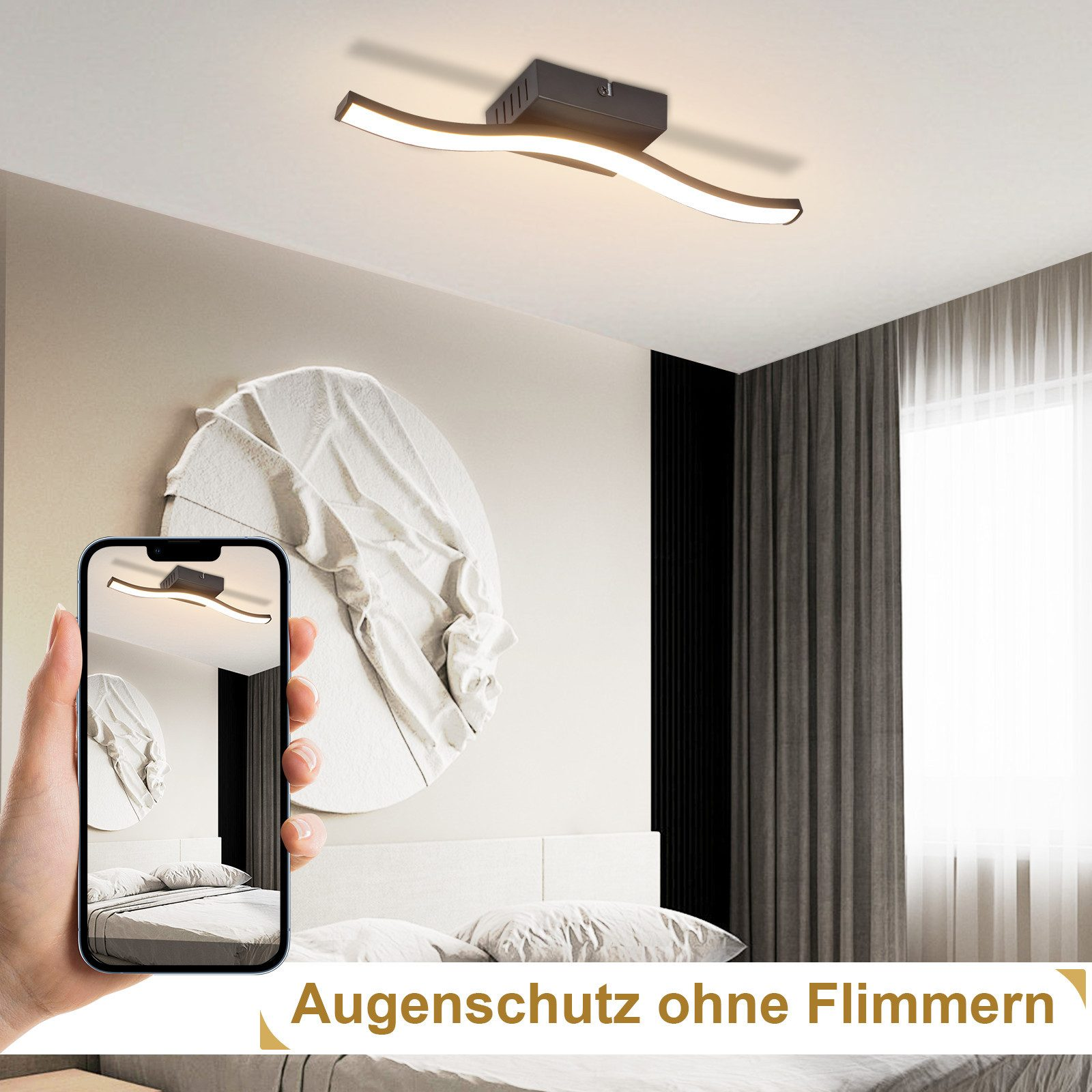 Una mano che tiene un telefono che mostra una lampada. Il testo in basso dice Augenschutz ohne Flimmern.