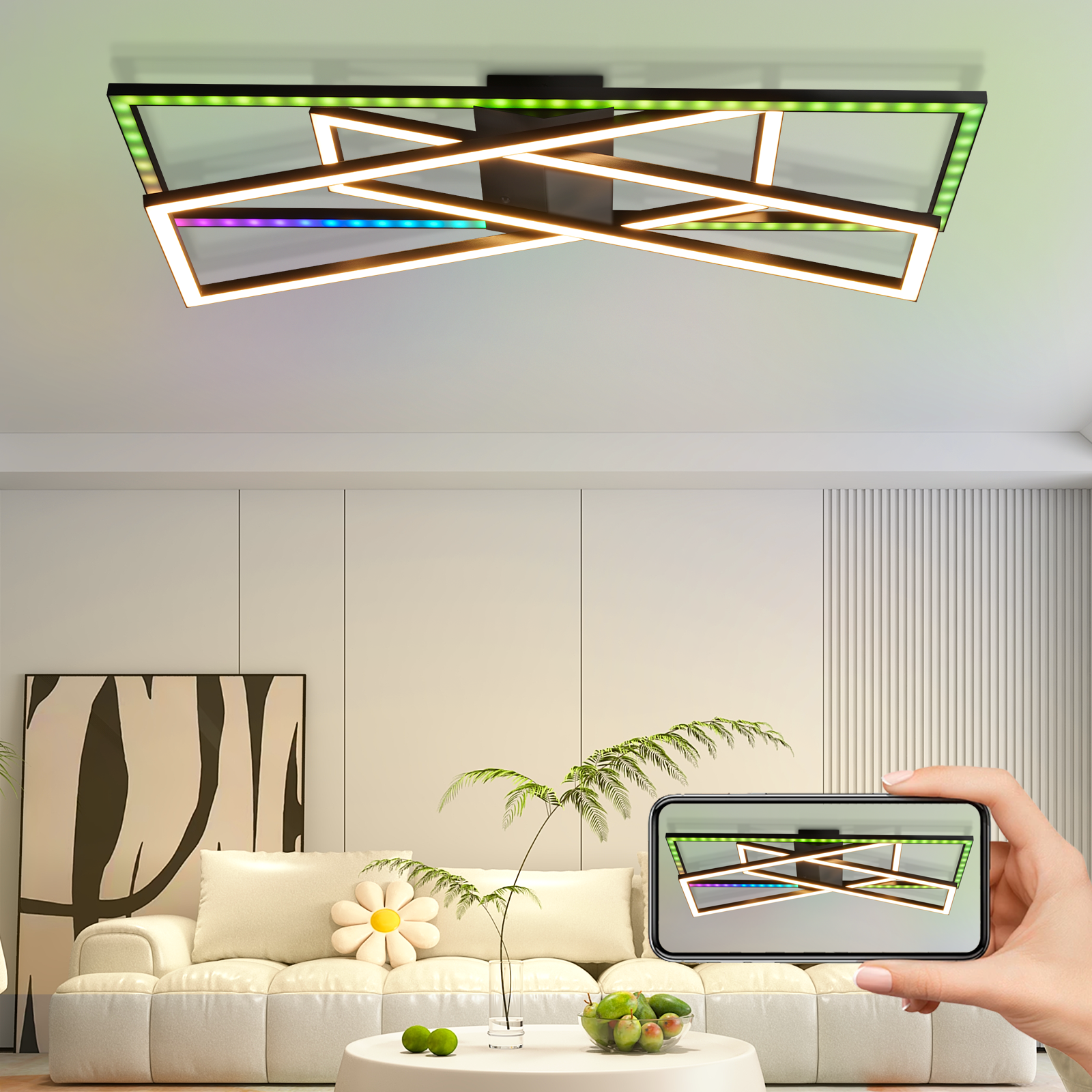 Lampa sufitowa z kolorowymi światłami. Smartfon pokazuje tryb światła i design.