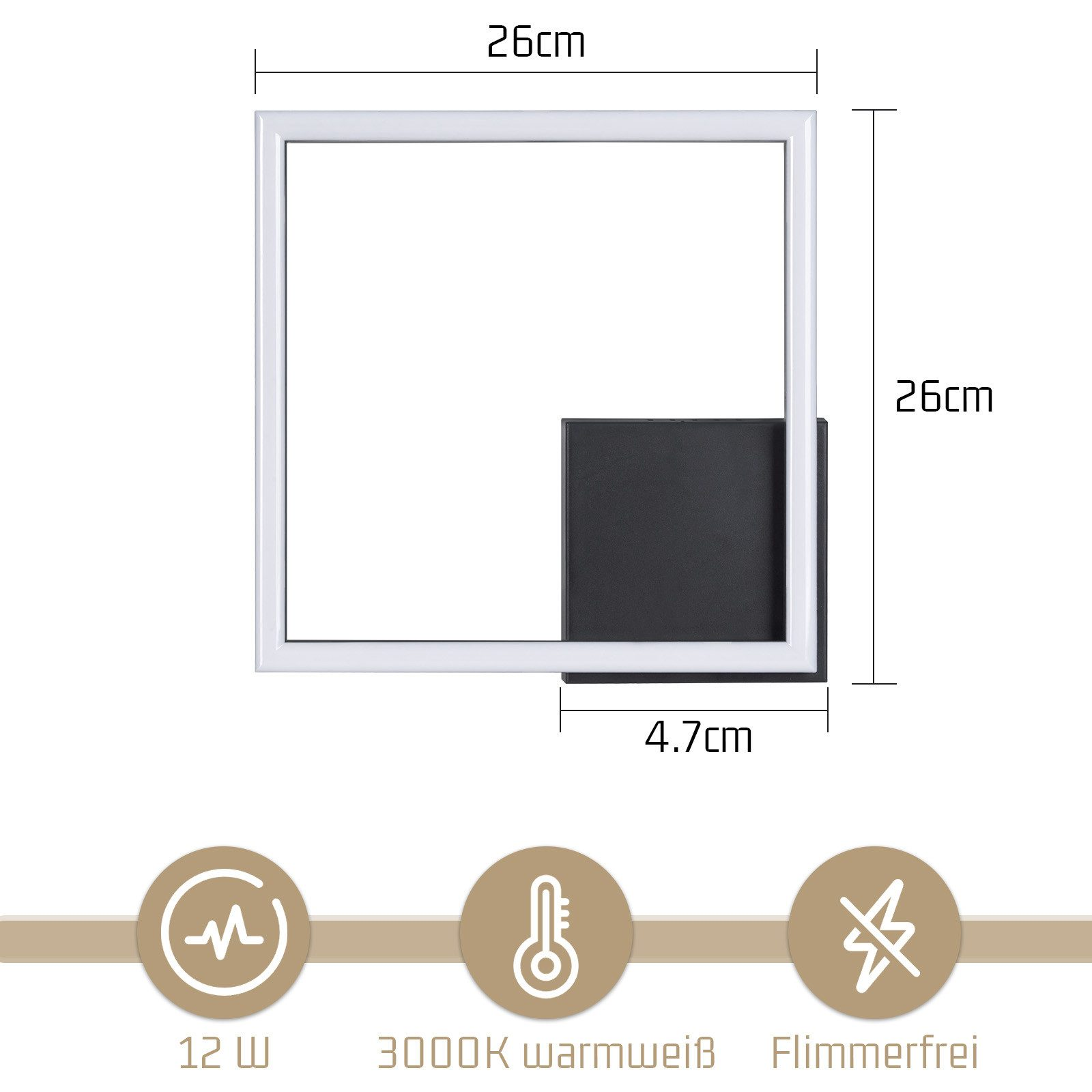 Una lampada quadrata con base nera e luce quadrata bianca, le dimensioni sono visualizzate.