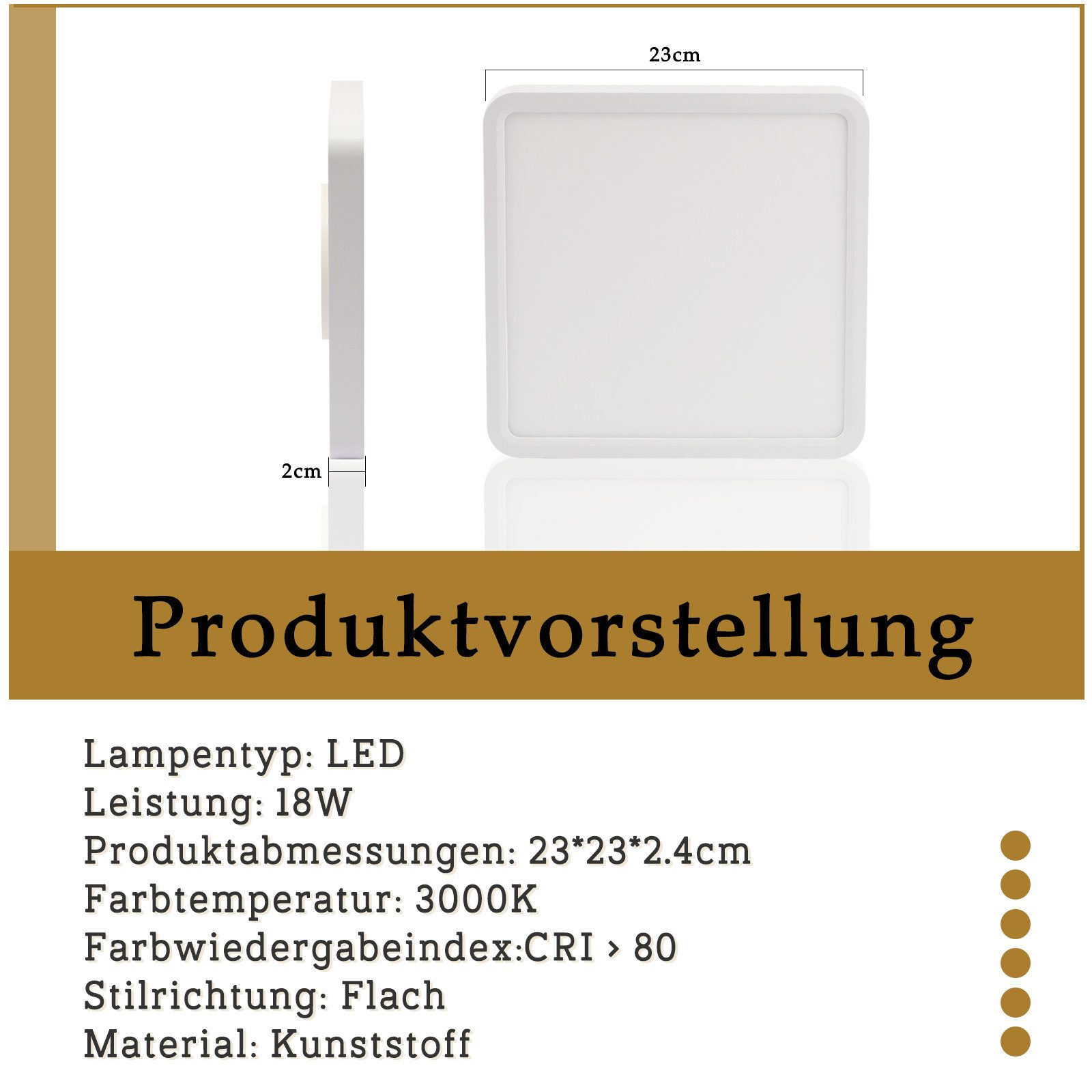 Kwadratowa biała lampa sufitowa LED, wyświetlane są wymiary i specyfikacje.
