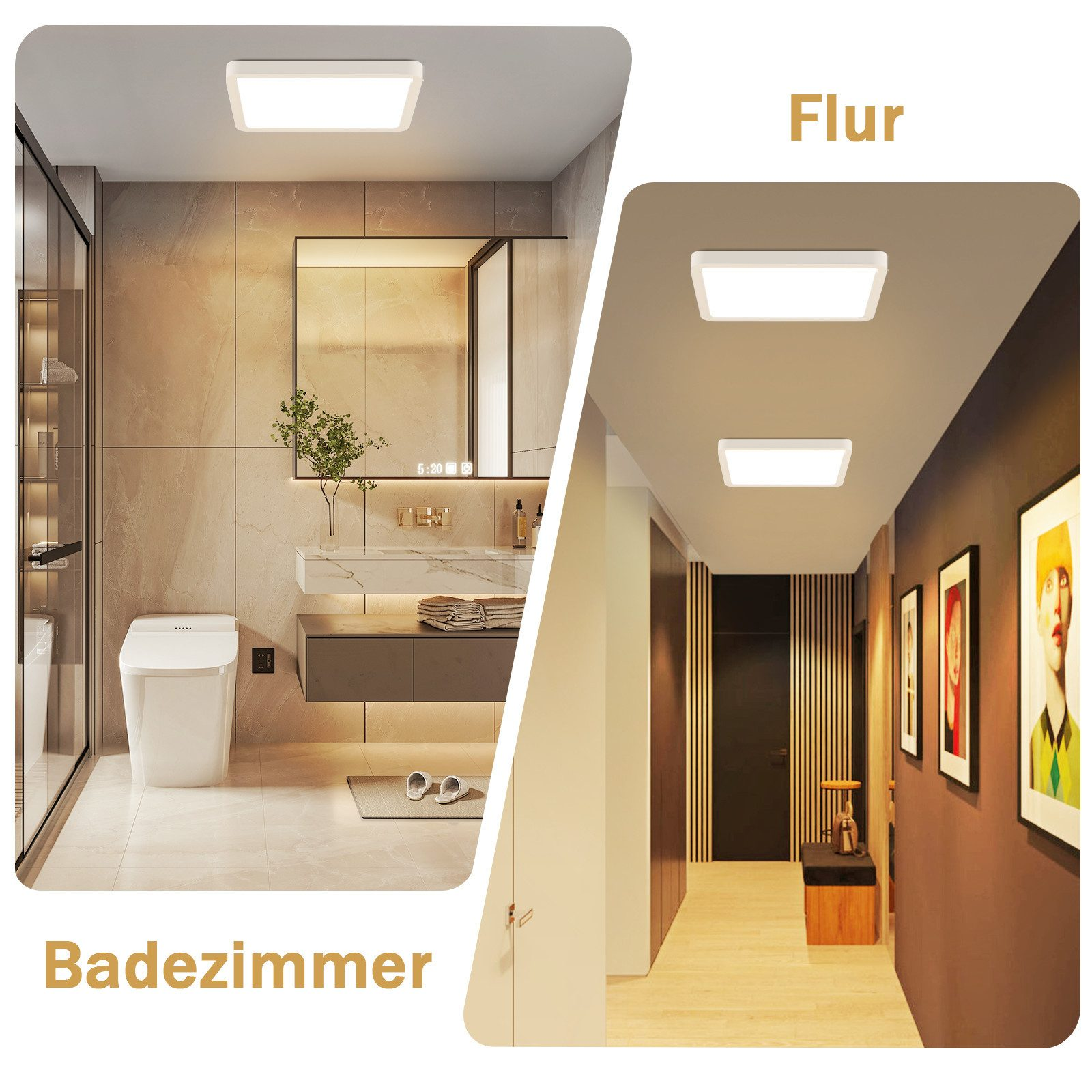 Due immagini di un bagno e di un corridoio, che mostrano le luci a soffitto.