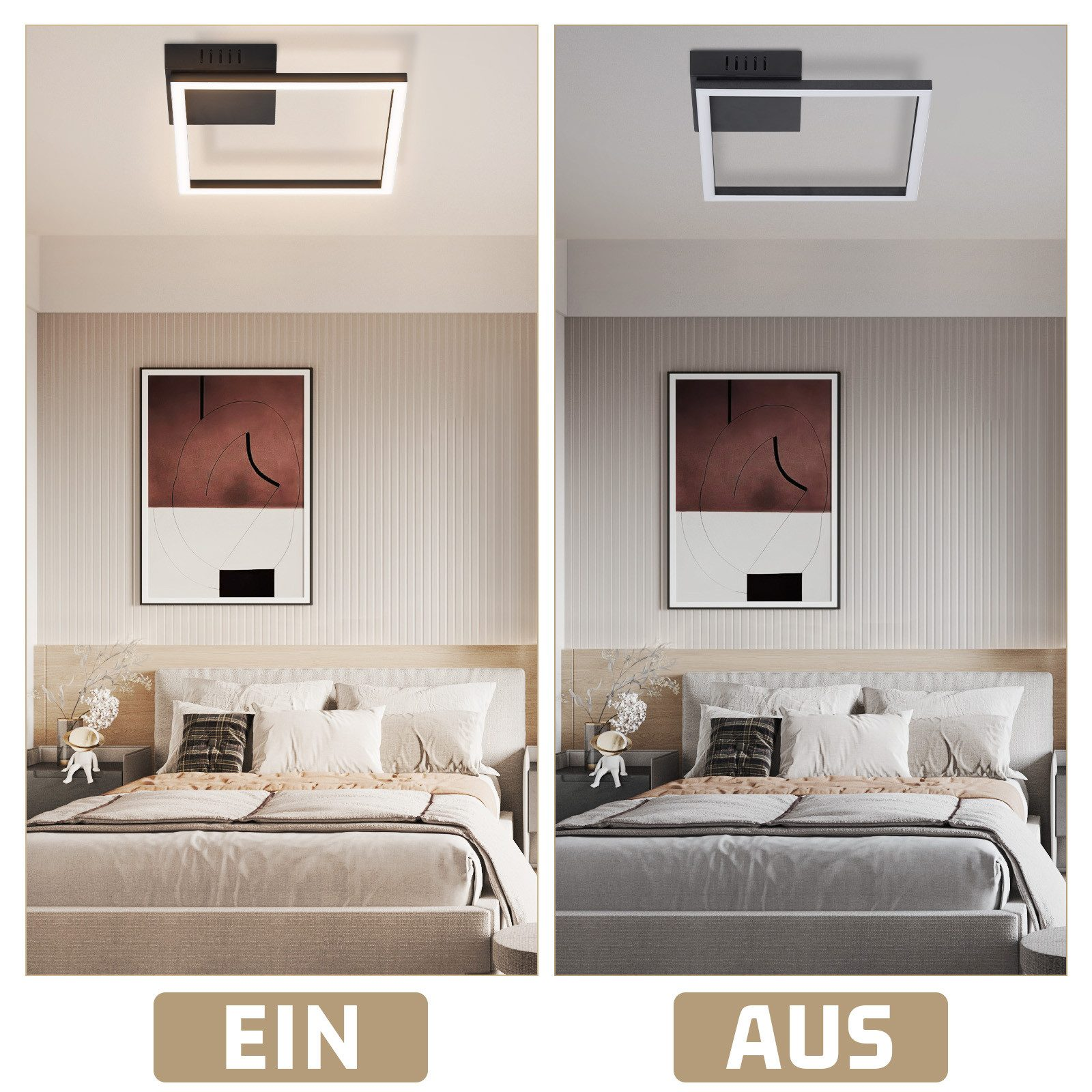 Camera da letto con luce del soffitto accesa e spenta. Letto e opere d'arte visibili sulla parete.