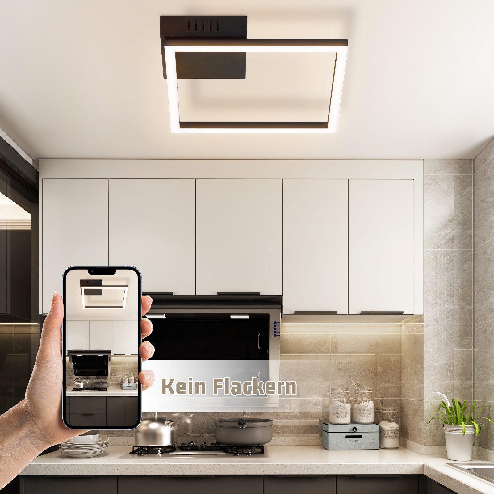 Una cucina con una plafoniera, una mano che tiene un telefono che mostra il design della luce e il testo "Kein Flackern".