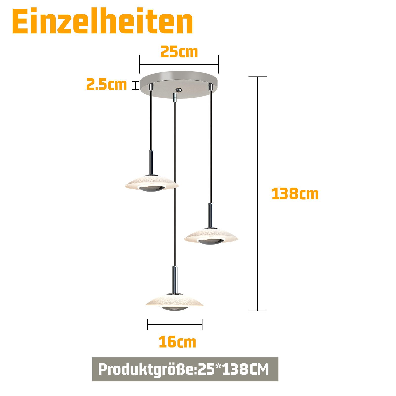Schemat przedstawiający wymiary trzech lamp wiszących. Wysokość 138 cm, średnica podstawy 25 cm i 16 cm.