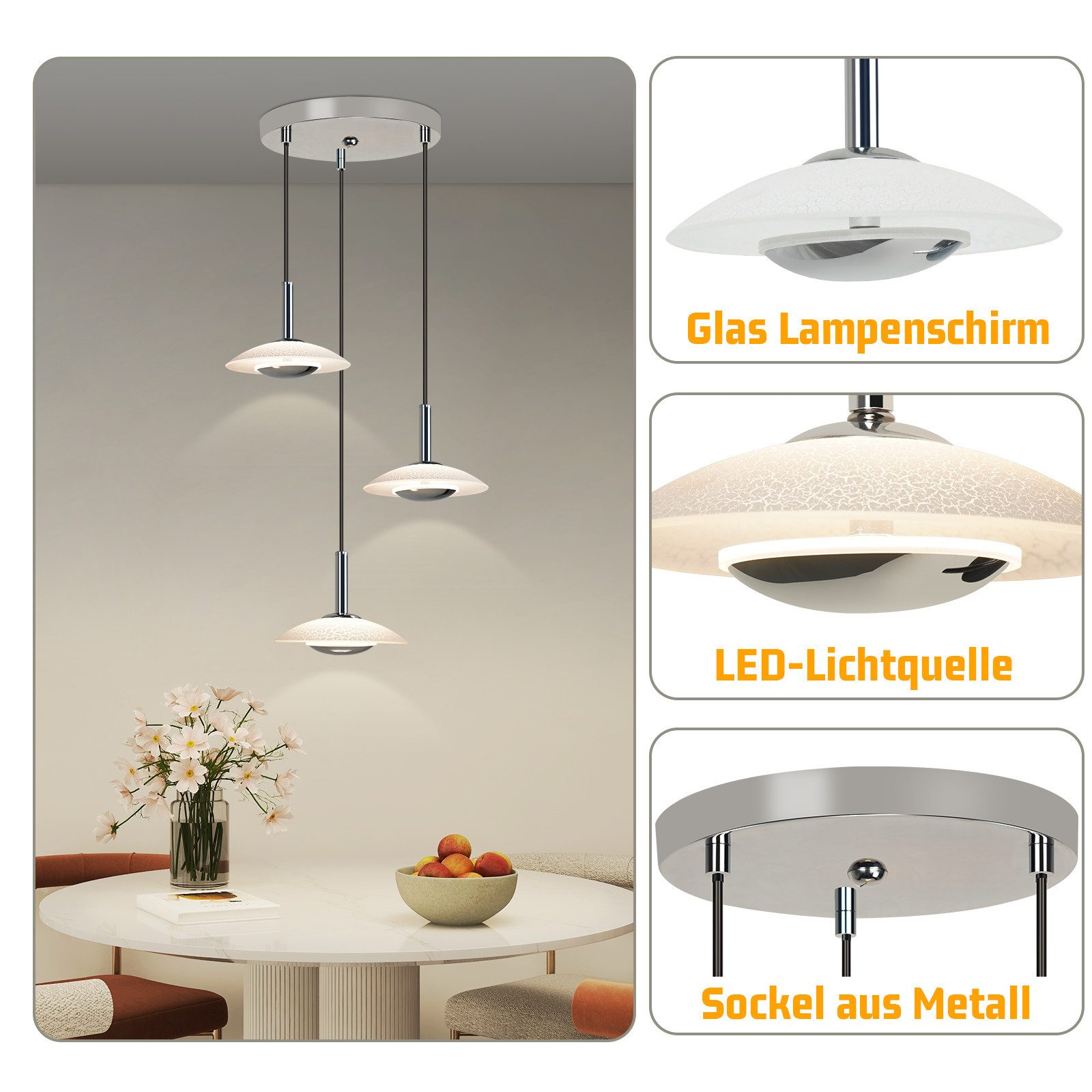 Zbliżenie szczegółów lampy wiszącej: szklany klosz, źródło światła LED i metalowy trzonek.