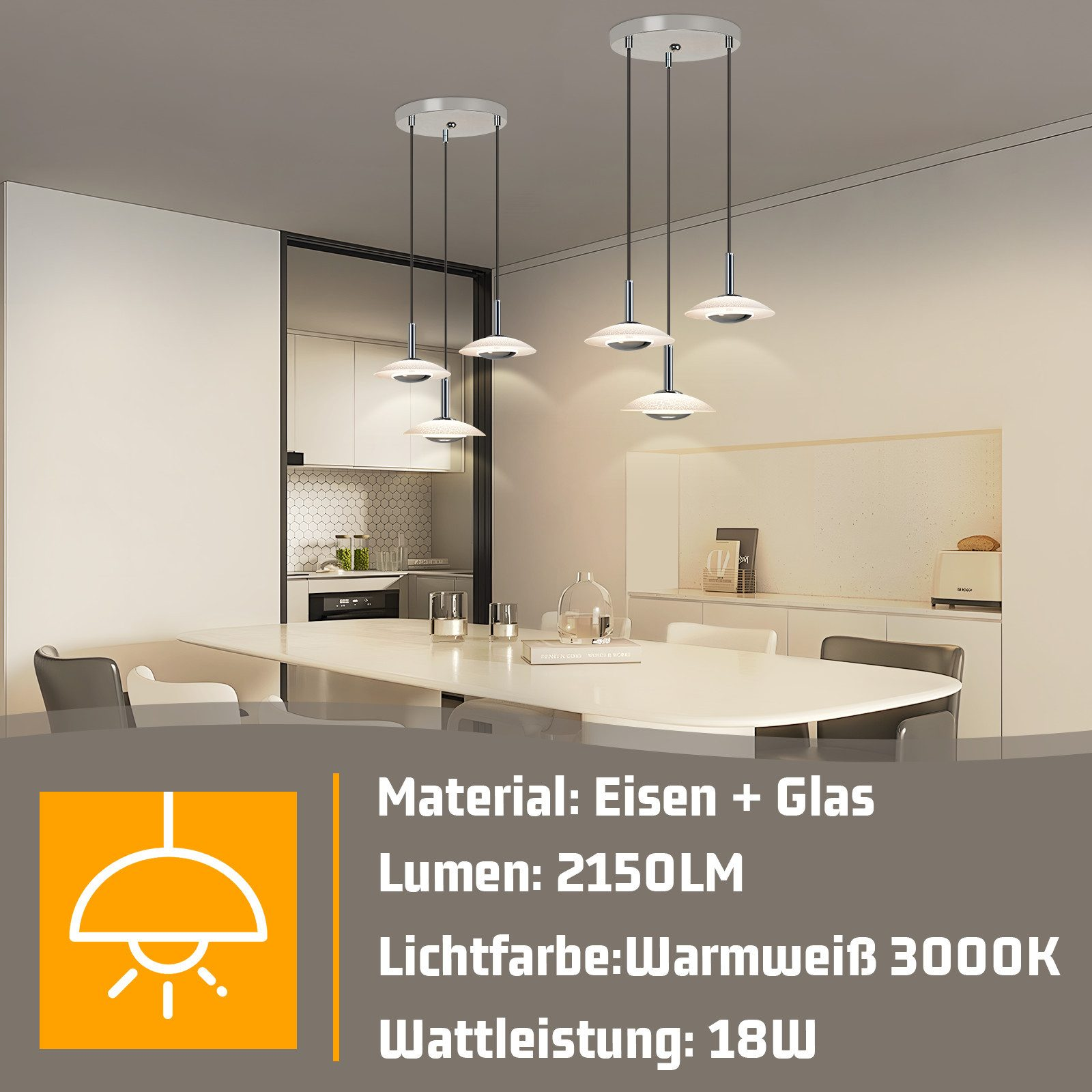 Nowoczesna kuchnia z oświetleniem w suficie. Szczegóły obejmują informacje o materiale i lumenach.