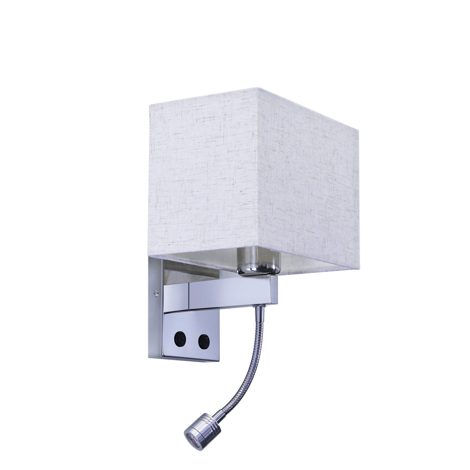 Lampa ścienna z kwadratowym abażurem z tkaniny, elastycznym światłem do czytania i srebrną podstawą.