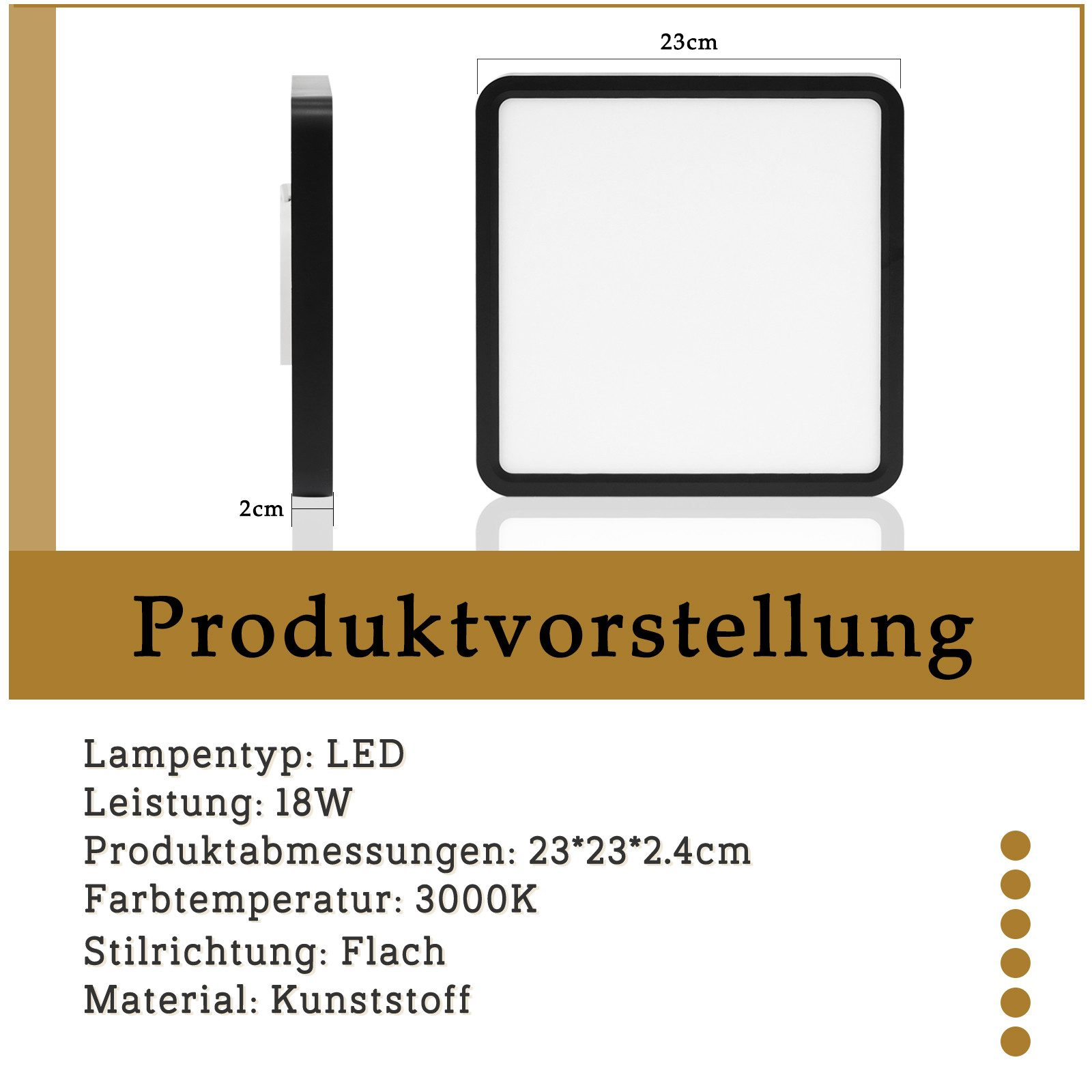 Detalles del producto de una lámpara LED cuadrada. Dimensiones: 23x23x2.4cm. Características: 18W, 3000K, estilo plano.
