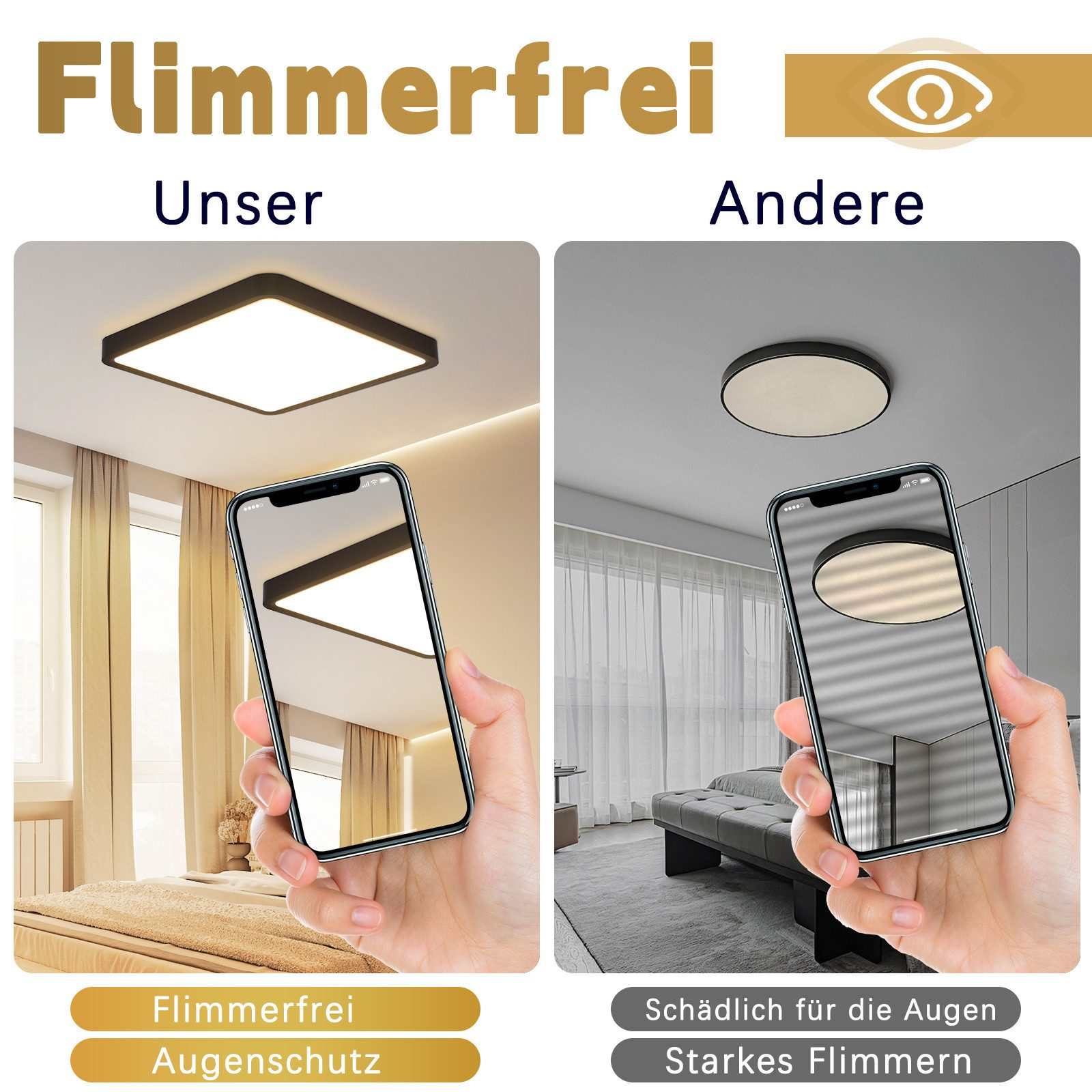 Comparación de dos teléfonos que muestran luces LED parpadeantes vs. no parpadeantes.