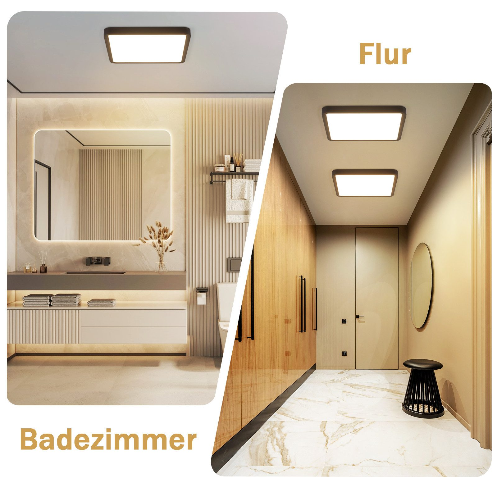 Due stanze: un bagno e un corridoio, entrambi con lampade a soffitto quadrate. Design moderno.