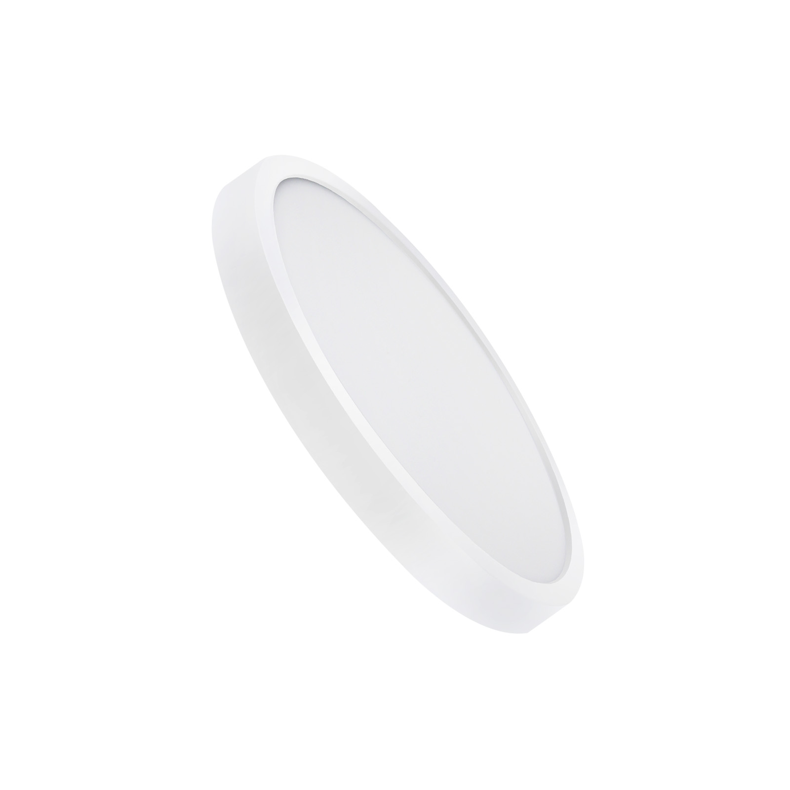 Biała, okrągła, płaska lampa LED, lekko pochylona. Jest to minimalistyczny design.