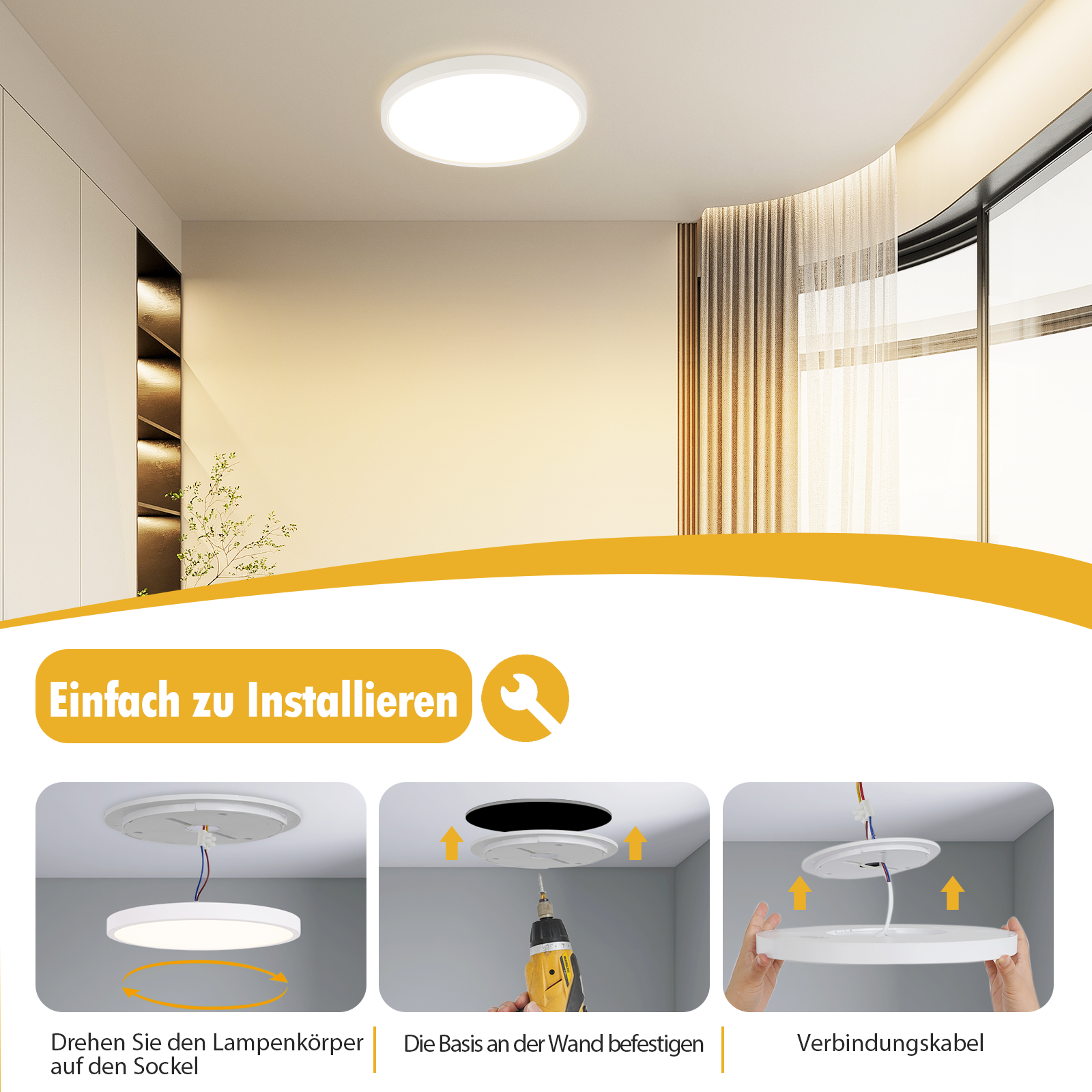 Schemat ilustrujący instalację okrągłej lampy sufitowej, pokazujący kroki.