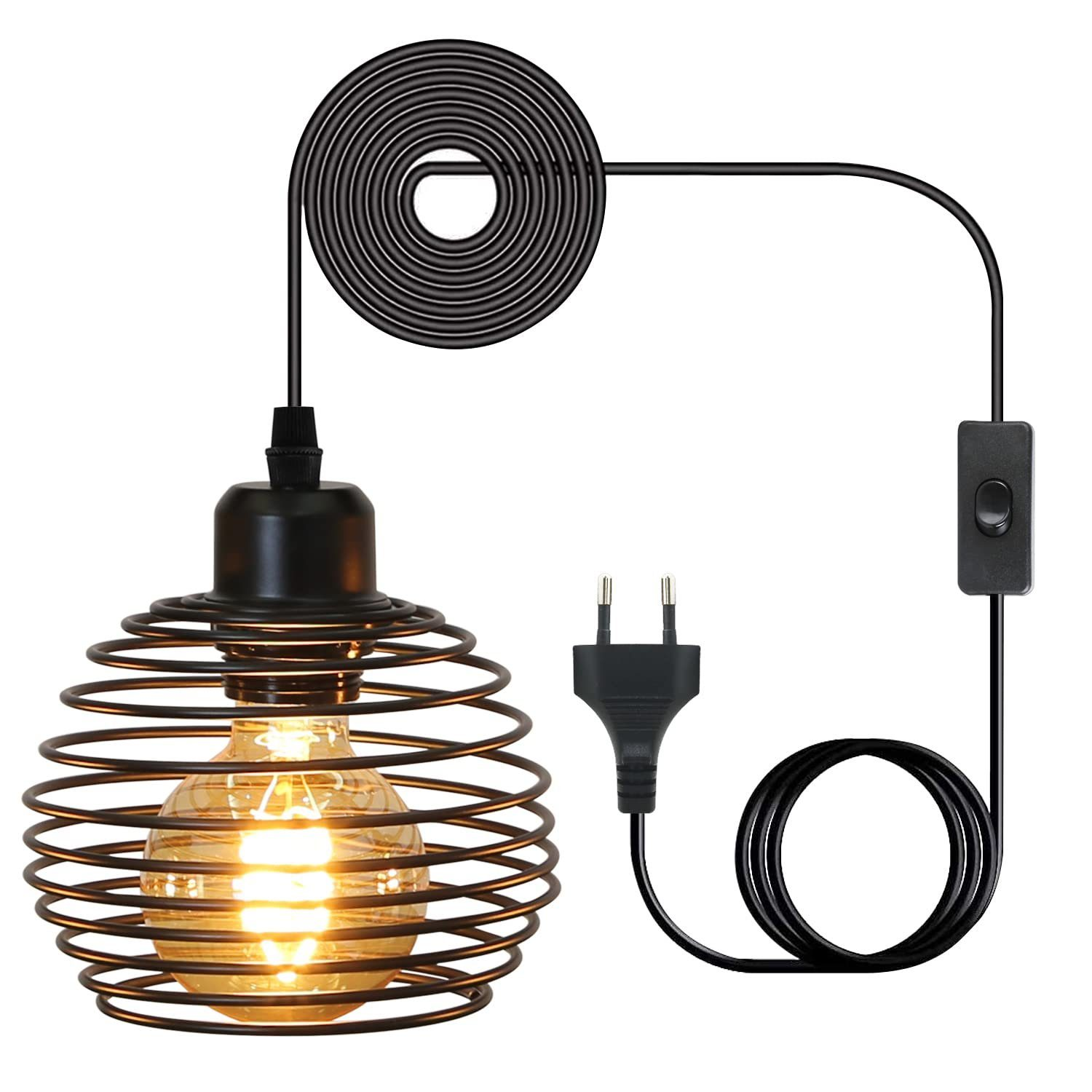 Czarna, spiralna lampa wisząca z żarówką Edisona, kablem i wtyczką przełącznika.
