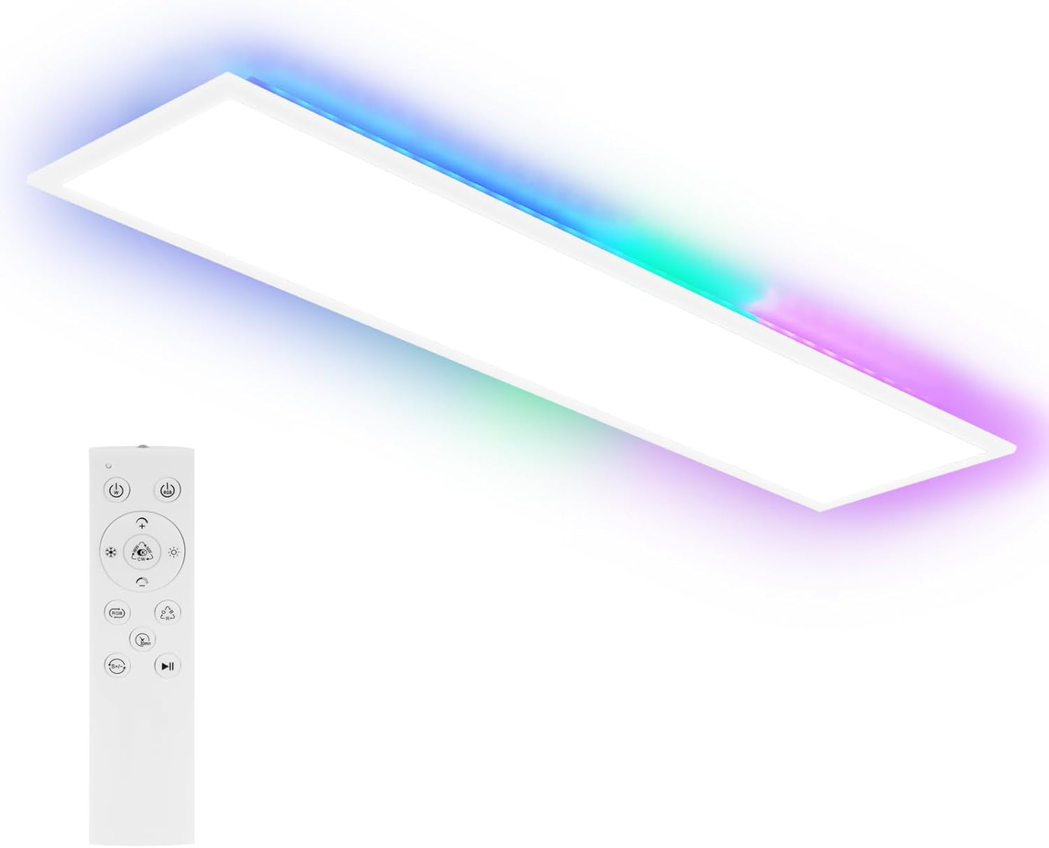Eine weiße, rechteckige LED-Deckenleuchte mit Farblicht an den Rändern und einer Fernbedienung.