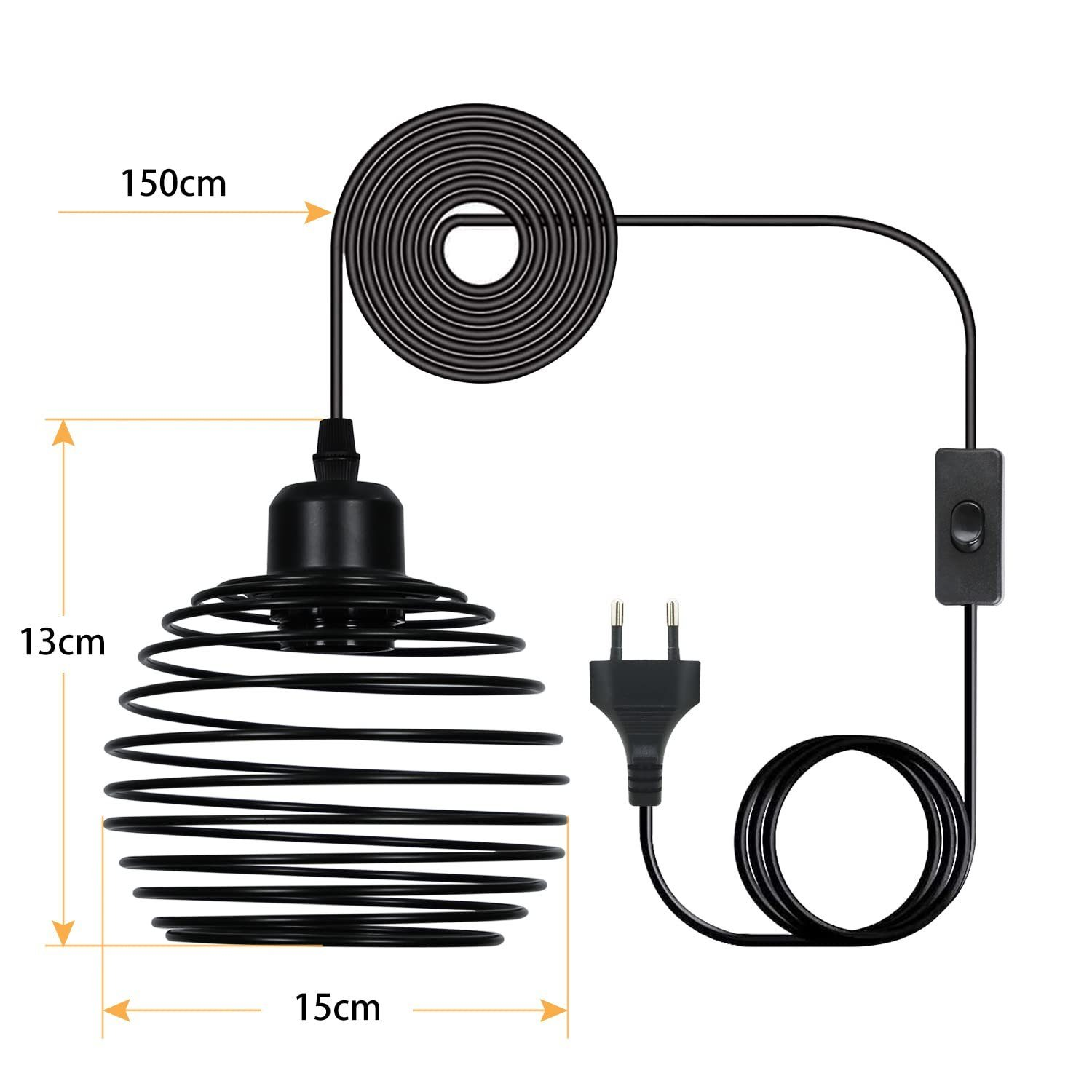 Czarna lampa wisząca z drucianą klatką, o wymiarach 13 cm wysokości, 15 cm szerokości i 150 cm sznurka.