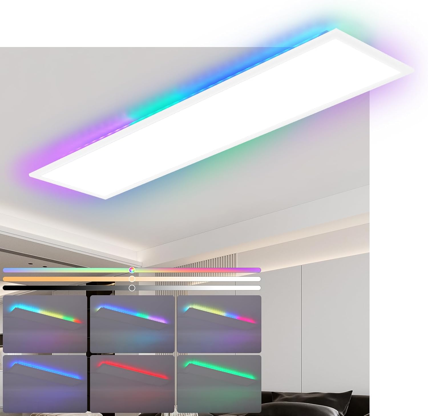 Eine rechteckige LED-Deckenleuchte mit Farbwechsel-Lichtern wird vor einer weißen Decke gezeigt.