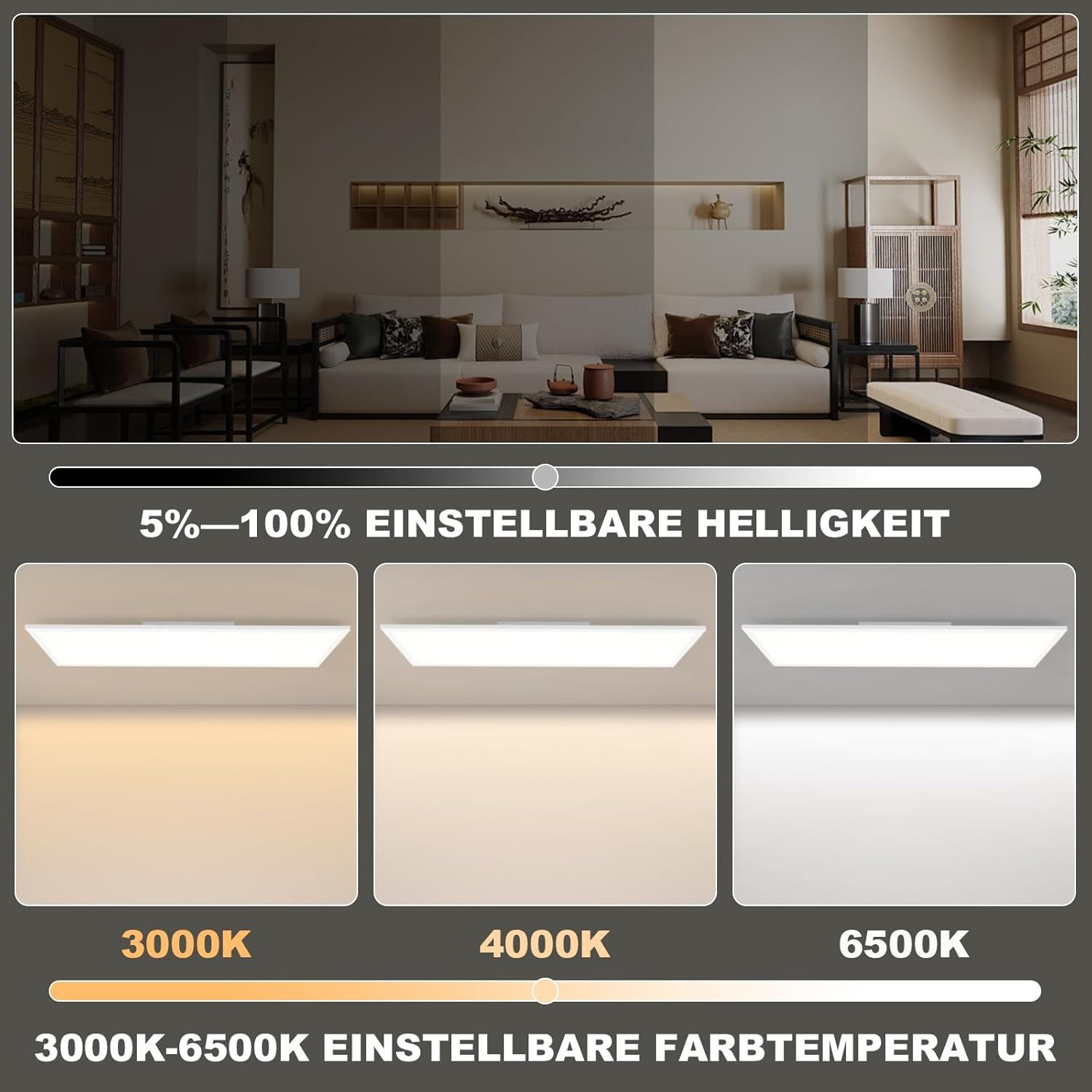 Bild zeigt einstellbare Helligkeit und Farbtemperatur Optionen für eine Deckenleuchte.