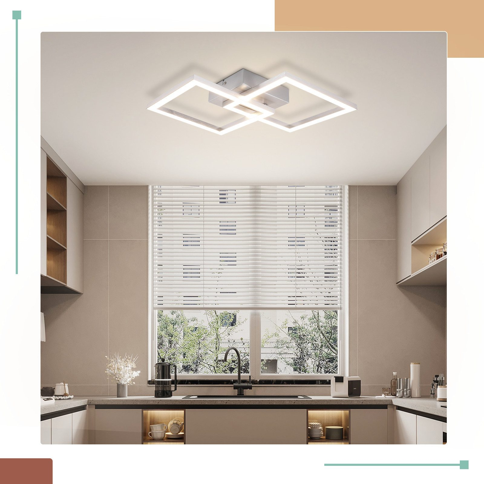 Una cocina con una moderna lámpara de techo, armarios superiores y una ventana.
