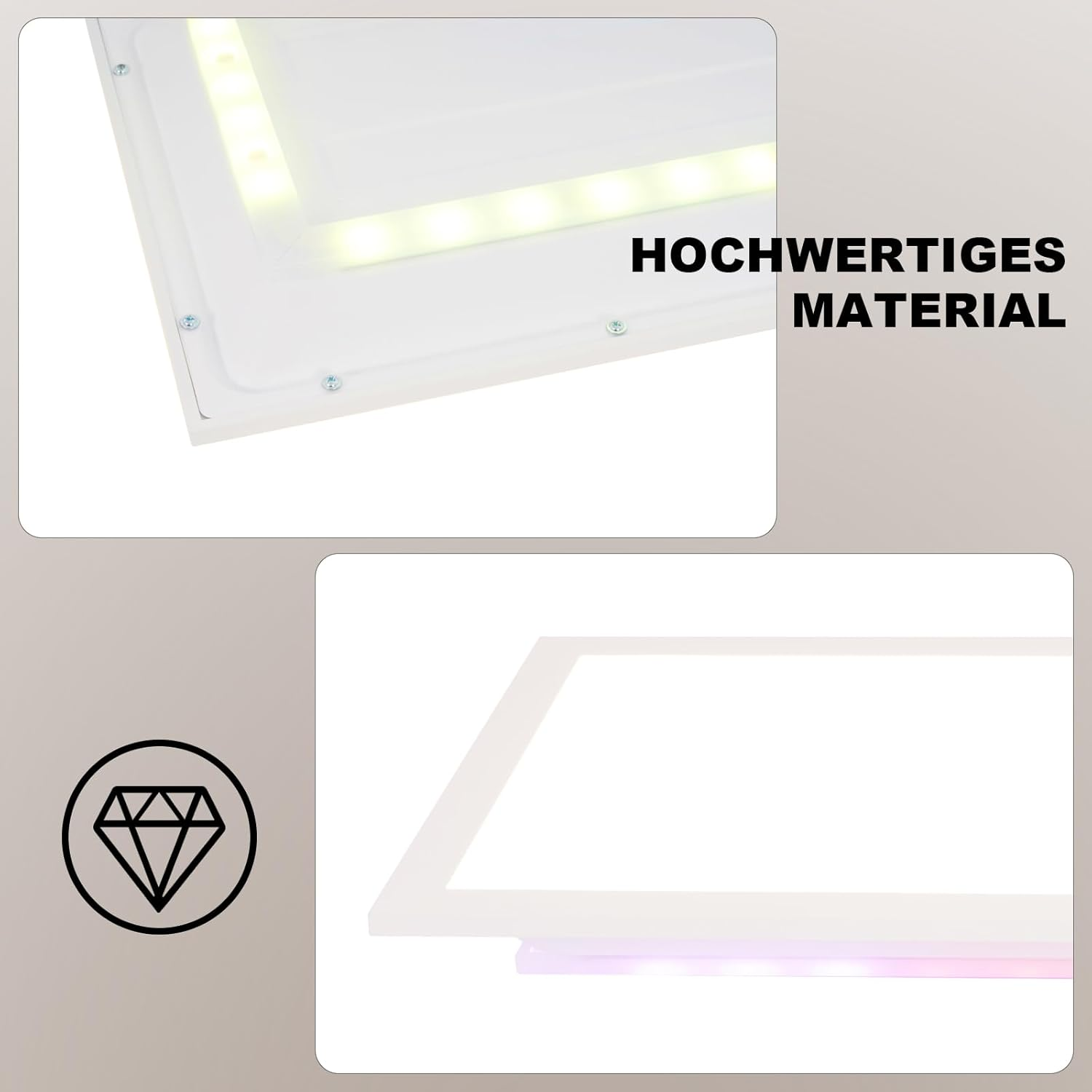 Nahaufnahmen einer weißen LED-Deckenleuchte, die Material- und Designelemente hervorheben.