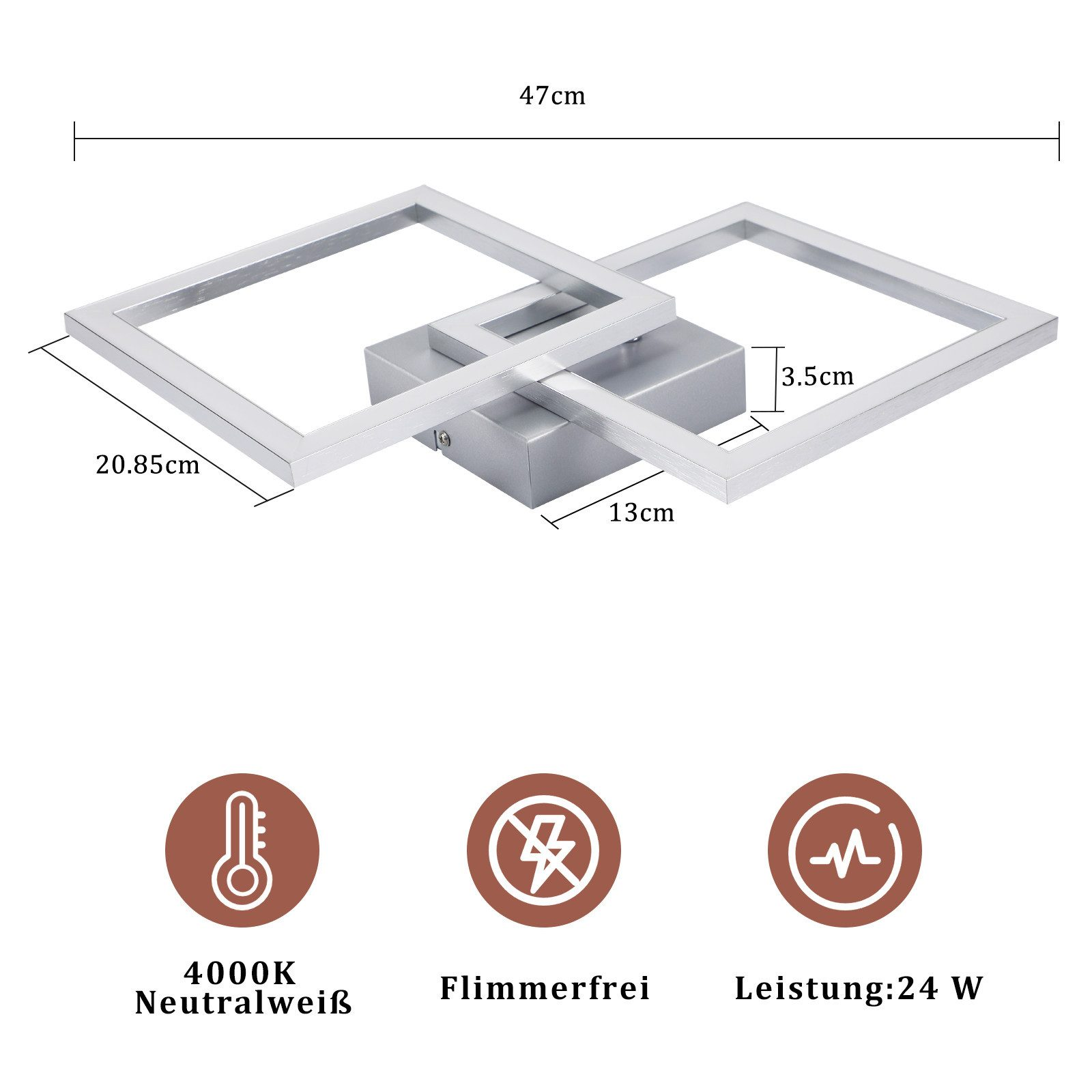 Una moderna lámpara de techo con dimensiones, blanco neutro 4000K, sin parpadeo y 24W de potencia.