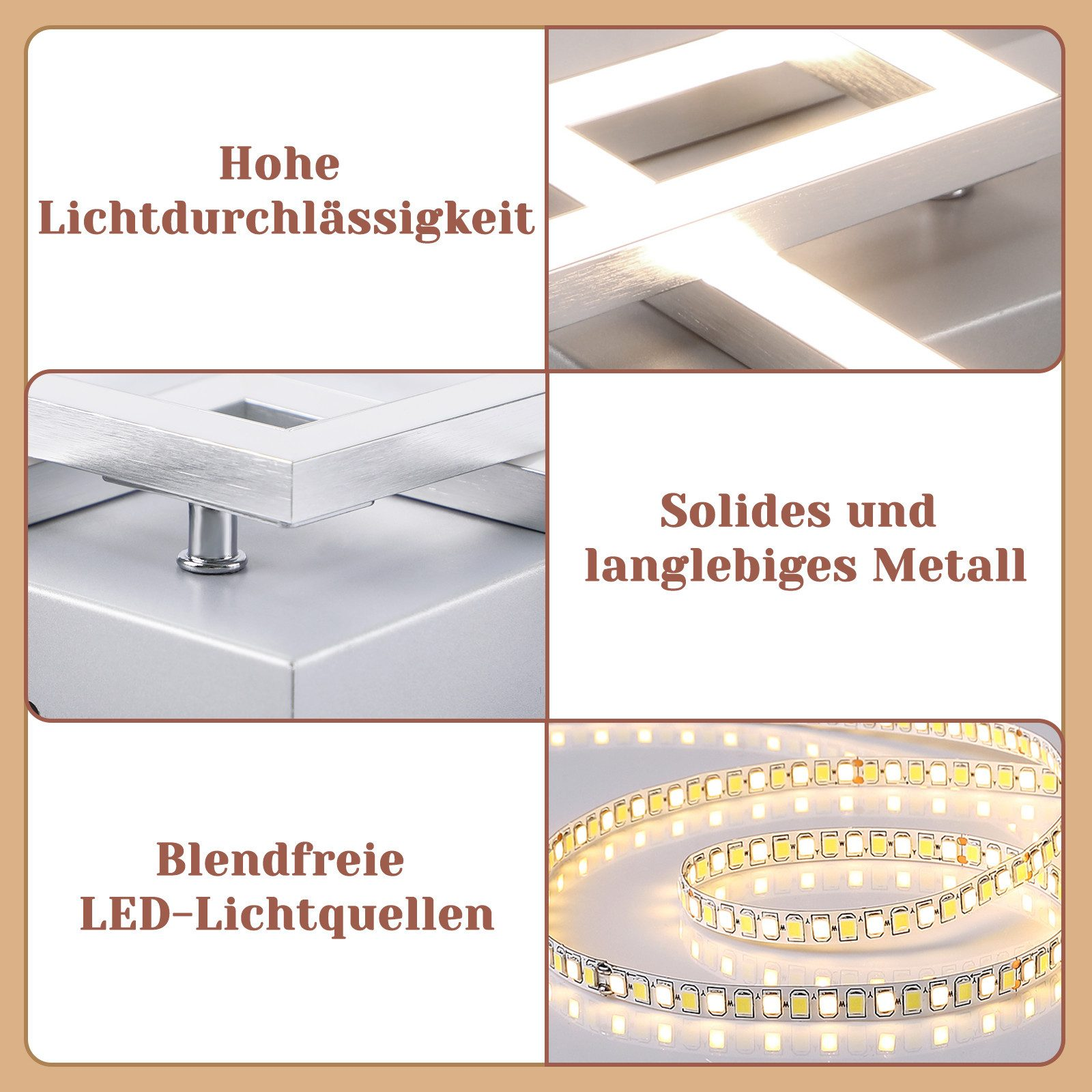 Imágenes de primer plano de una lámpara de techo que muestran la transmisión de luz, piezas de metal y luces LED.