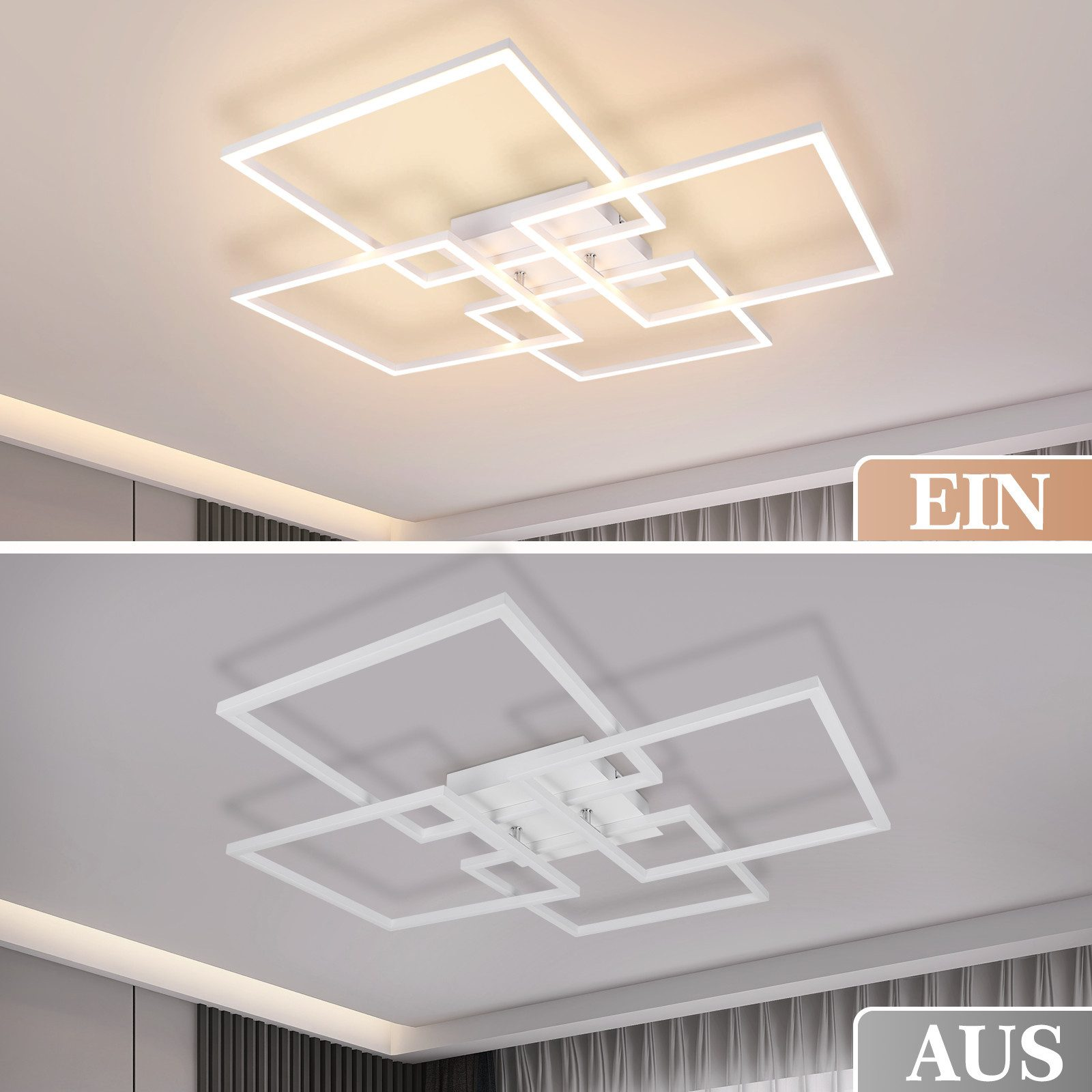 Lampa sufitowa, ze światłem włączonym i wyłączonym na dwóch zdjęciach.