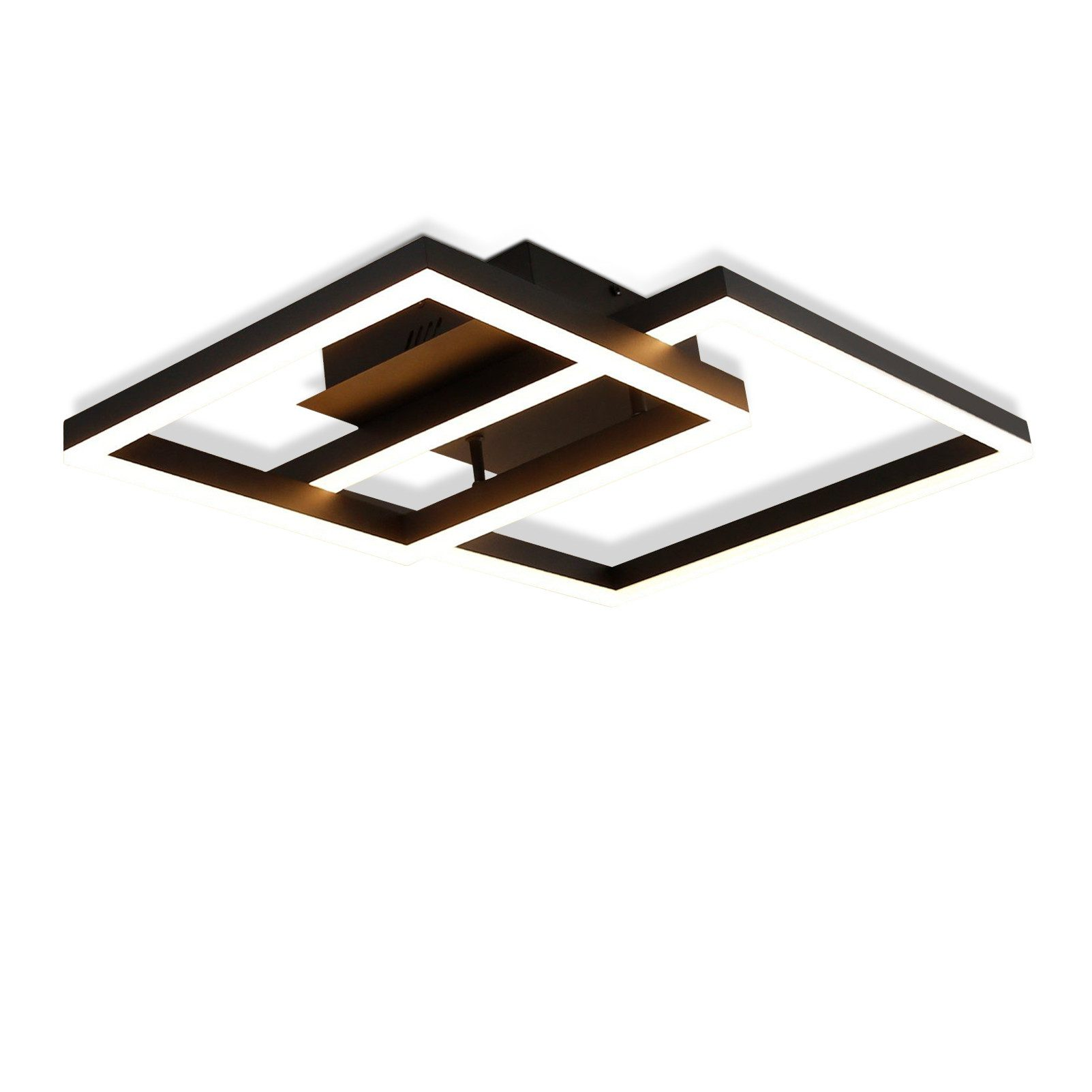 Czarna lampa sufitowa o nowoczesnym kwadratowym designie.