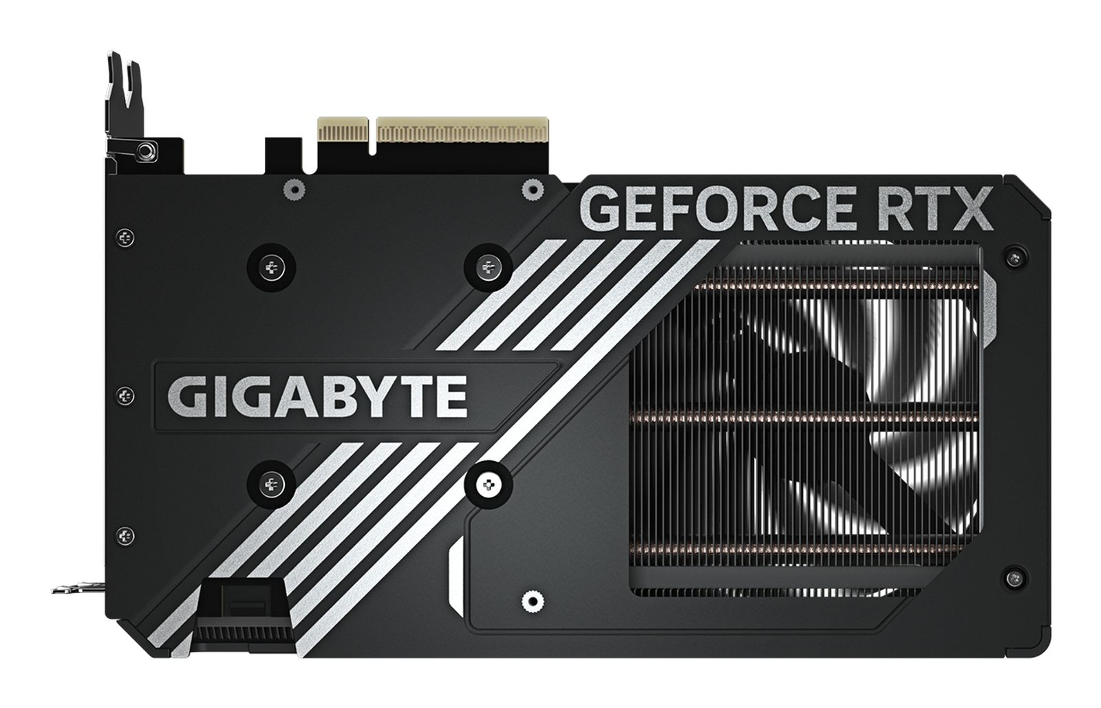 Czarna karta graficzna GIGABYTE GeForce RTX z wentylatorem i srebrnym akcentem.