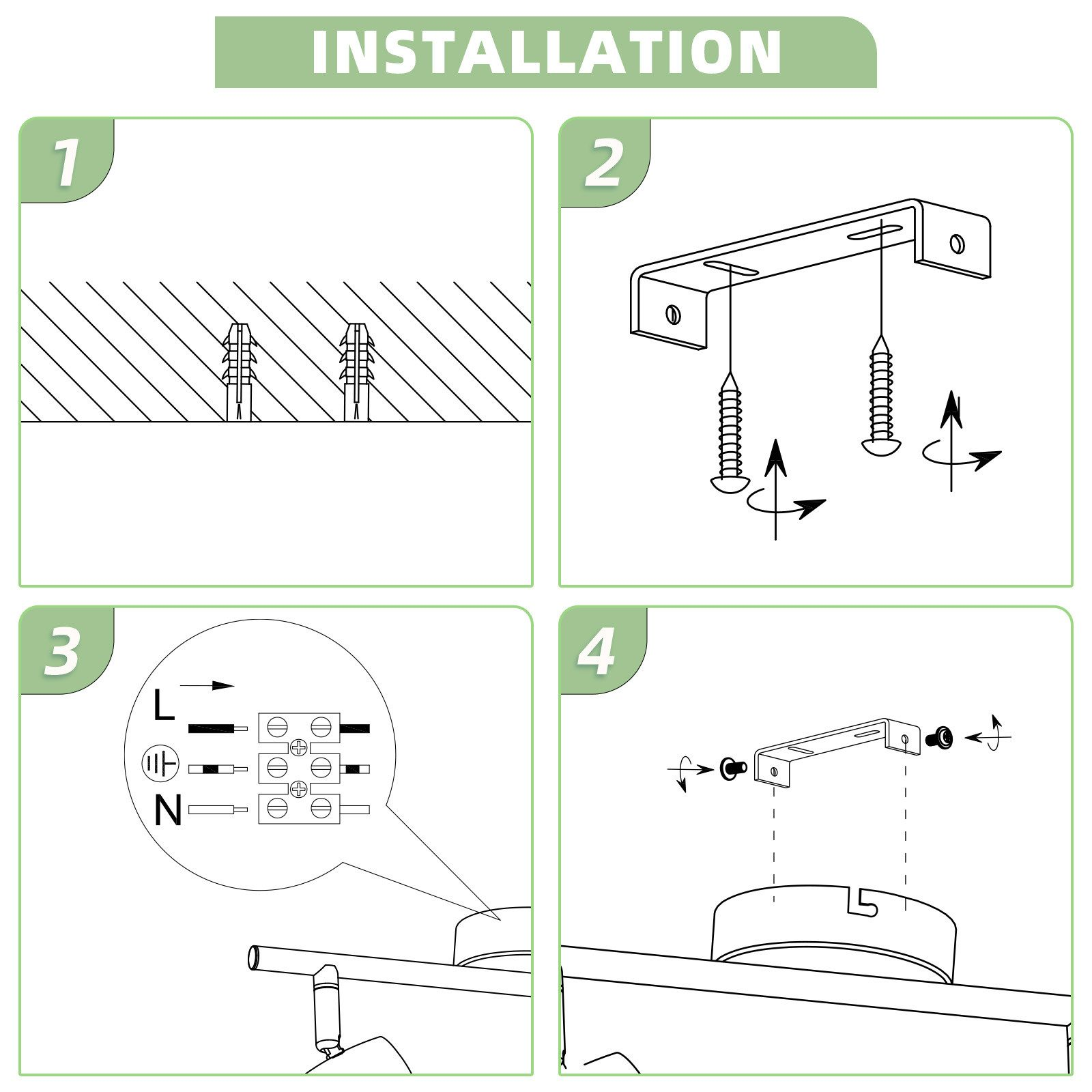 Instrukcja instalacji w czterech krokach. Pokazuje, jak zamontować lampę na ścianie za pomocą śrub i podłączyć przewody.