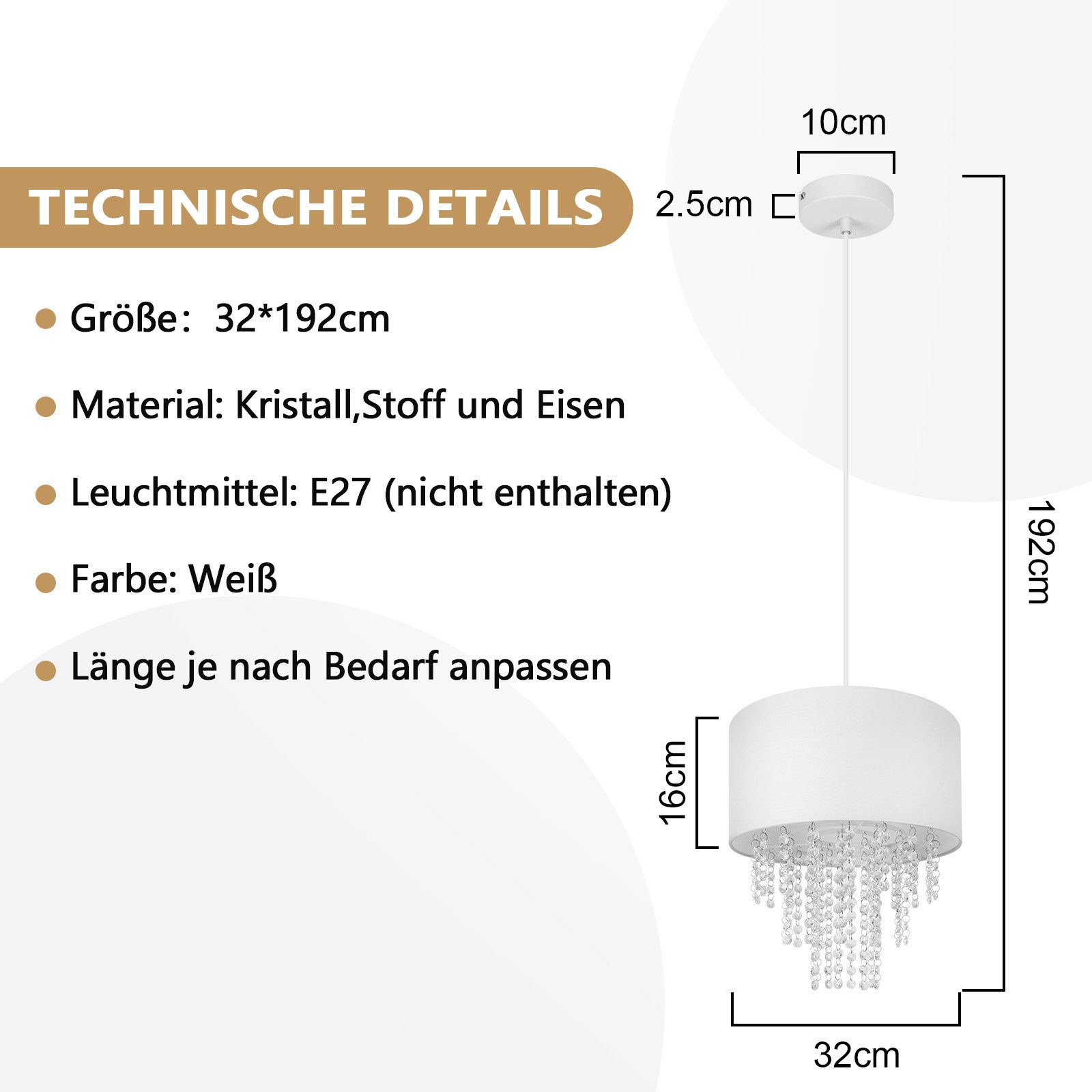 Diagramm der weißen Pendelleuchte mit Abmessungen, einschließlich Höhe und Breite.