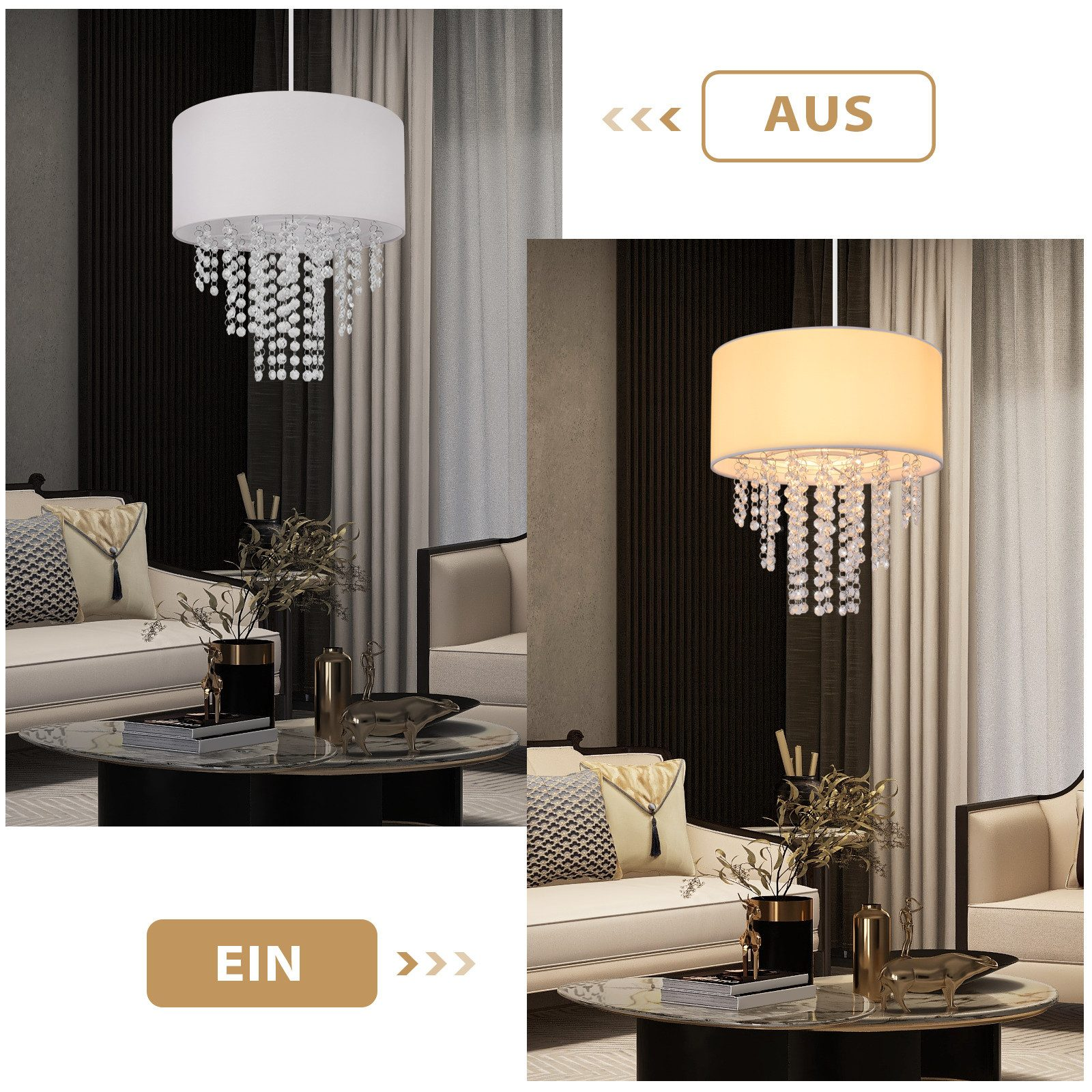 Zwei Bilder. Eins zeigt Lampe an, das andere Lampe aus.