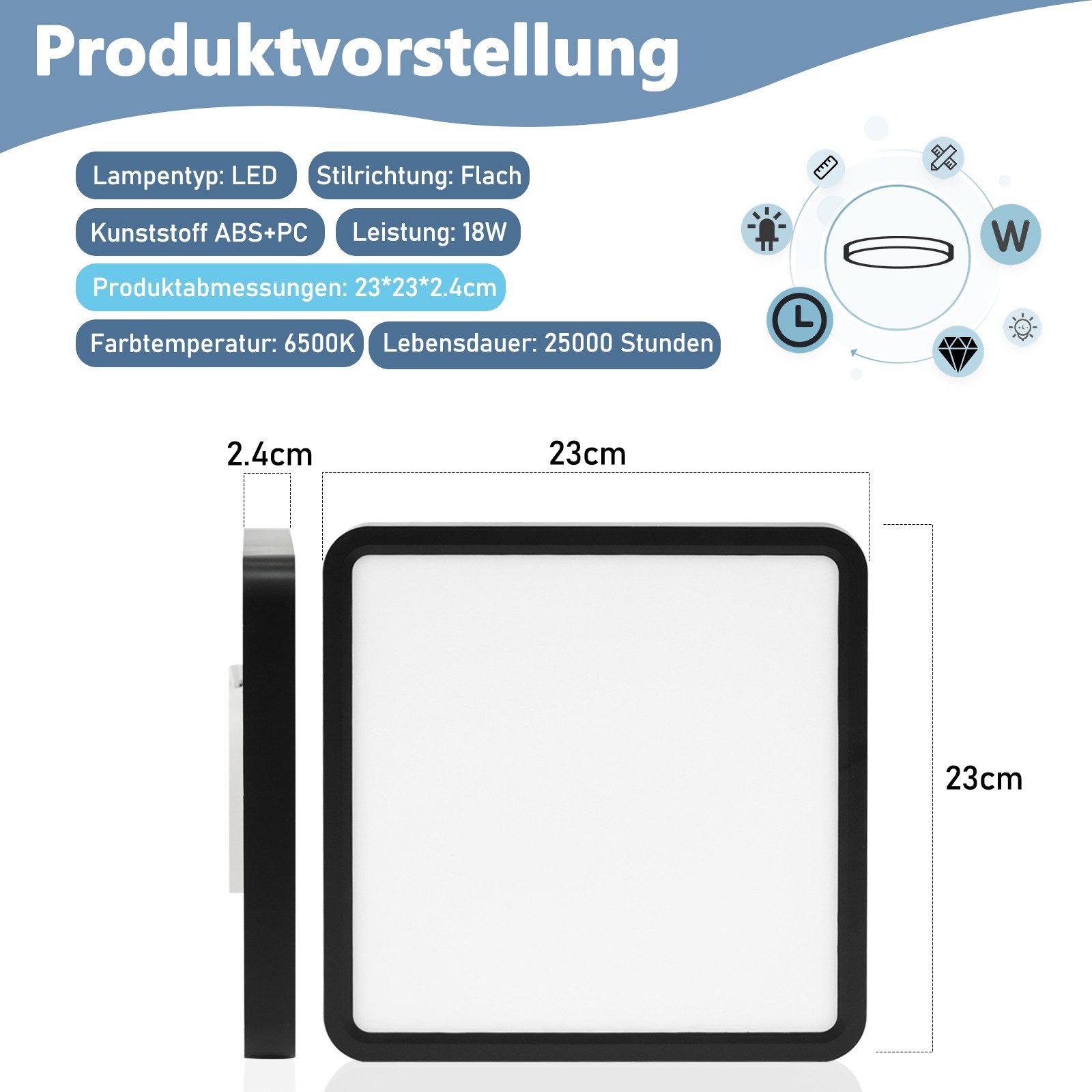 Diagramm einer quadratischen LED-Lampe mit Abmessungen und Spezifikationen.