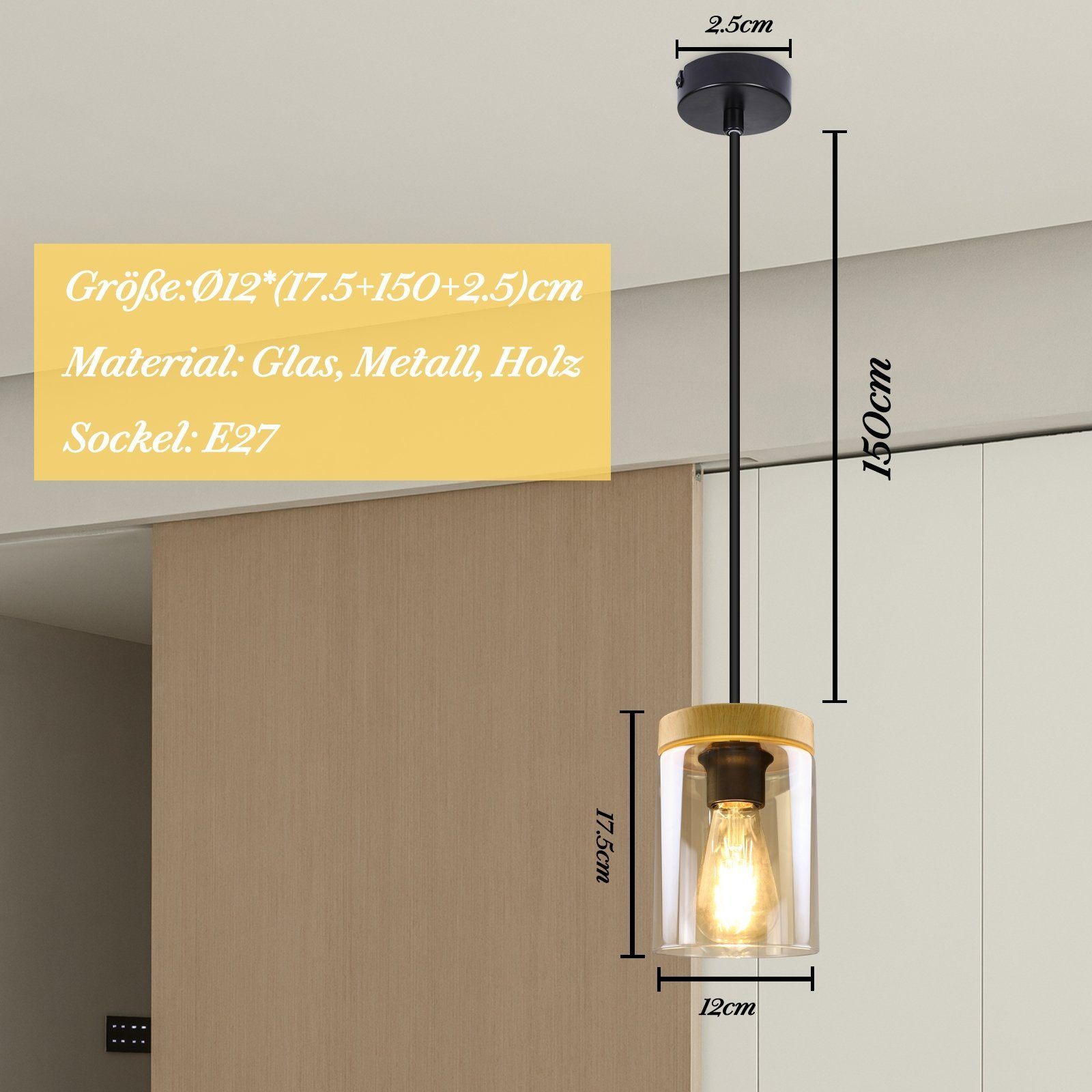 Pendelleuchte mit Holz- und Glasbasis. Das Licht ist an.