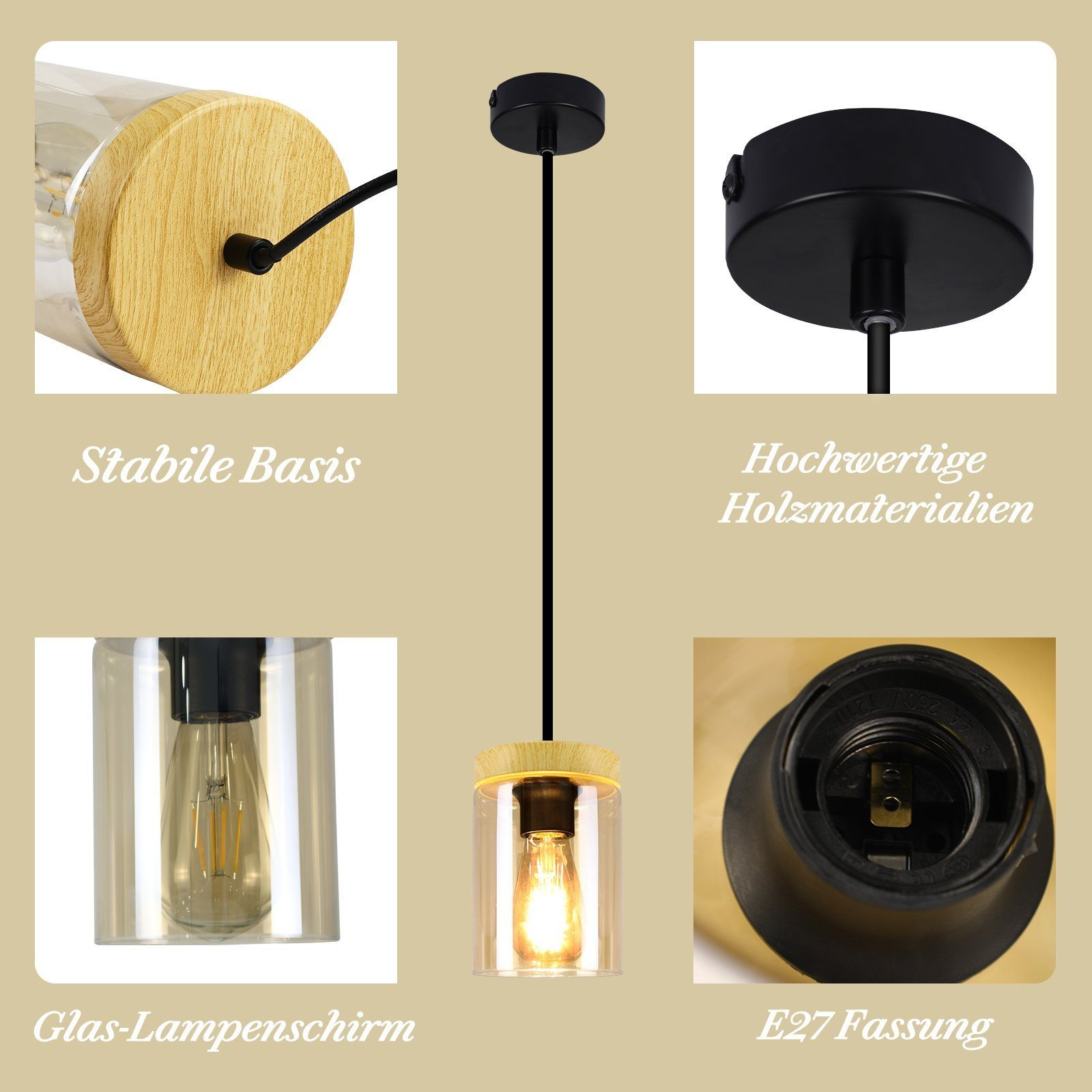 Hängeleuchte mit Holz- und Glaselementen. Vier Detailaufnahmen zeigen Sockel, Oberseite, Glasschirm und Lampenfassung.