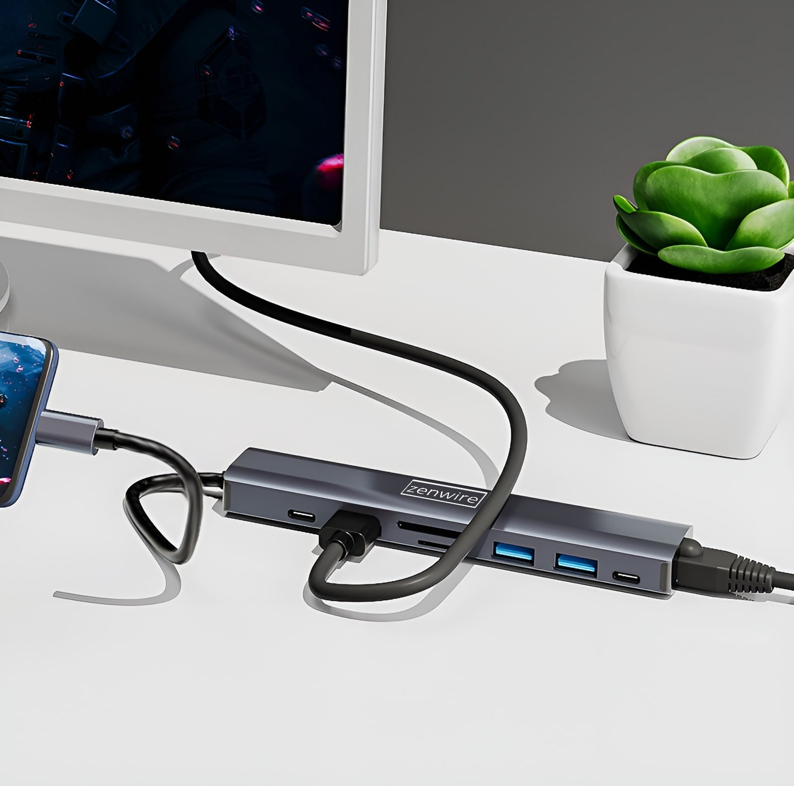 Hub USB podłączony do telefonu i monitora na białym biurku, z rośliną.