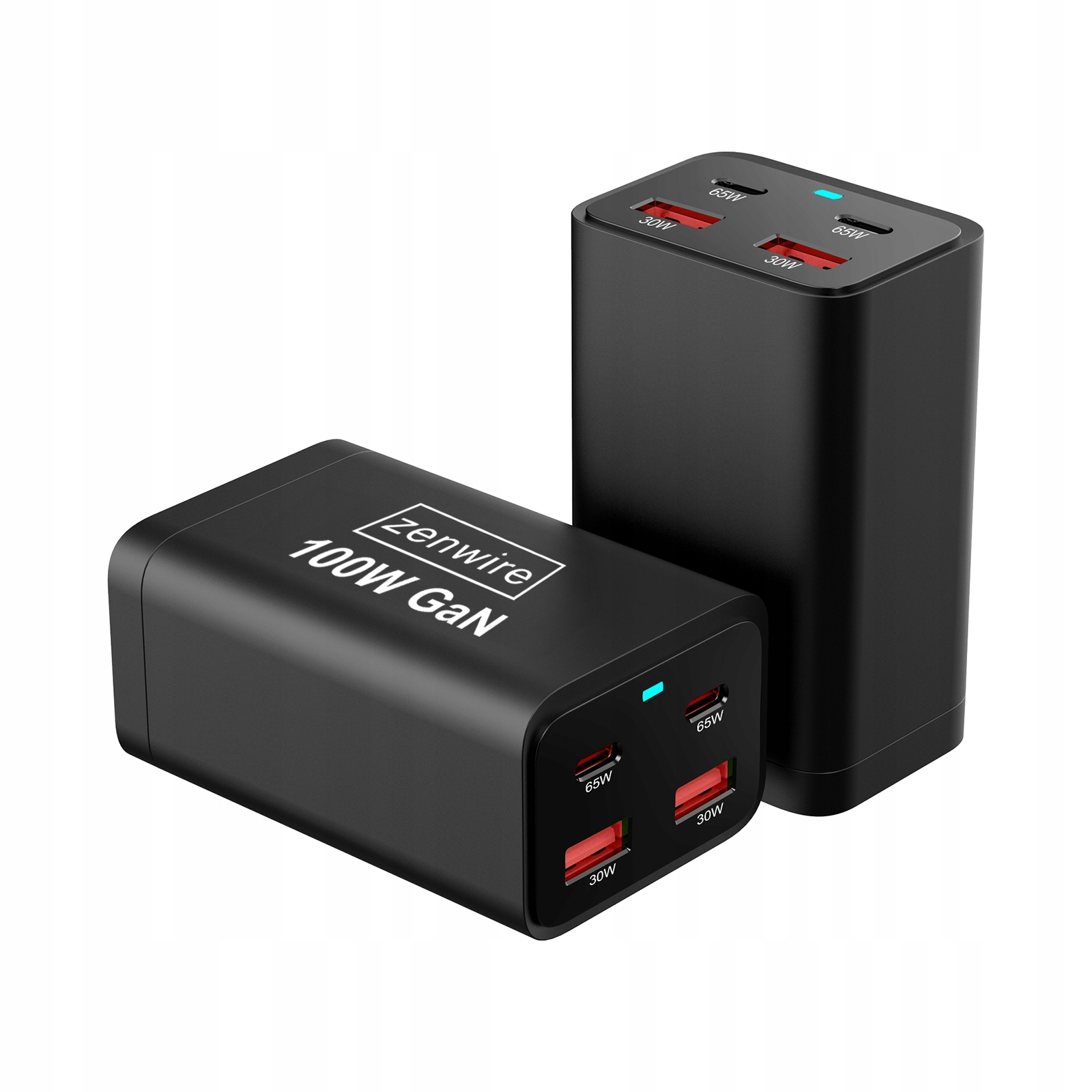 Dwie czarne ładowarki GaN 100W z wieloma portami USB.