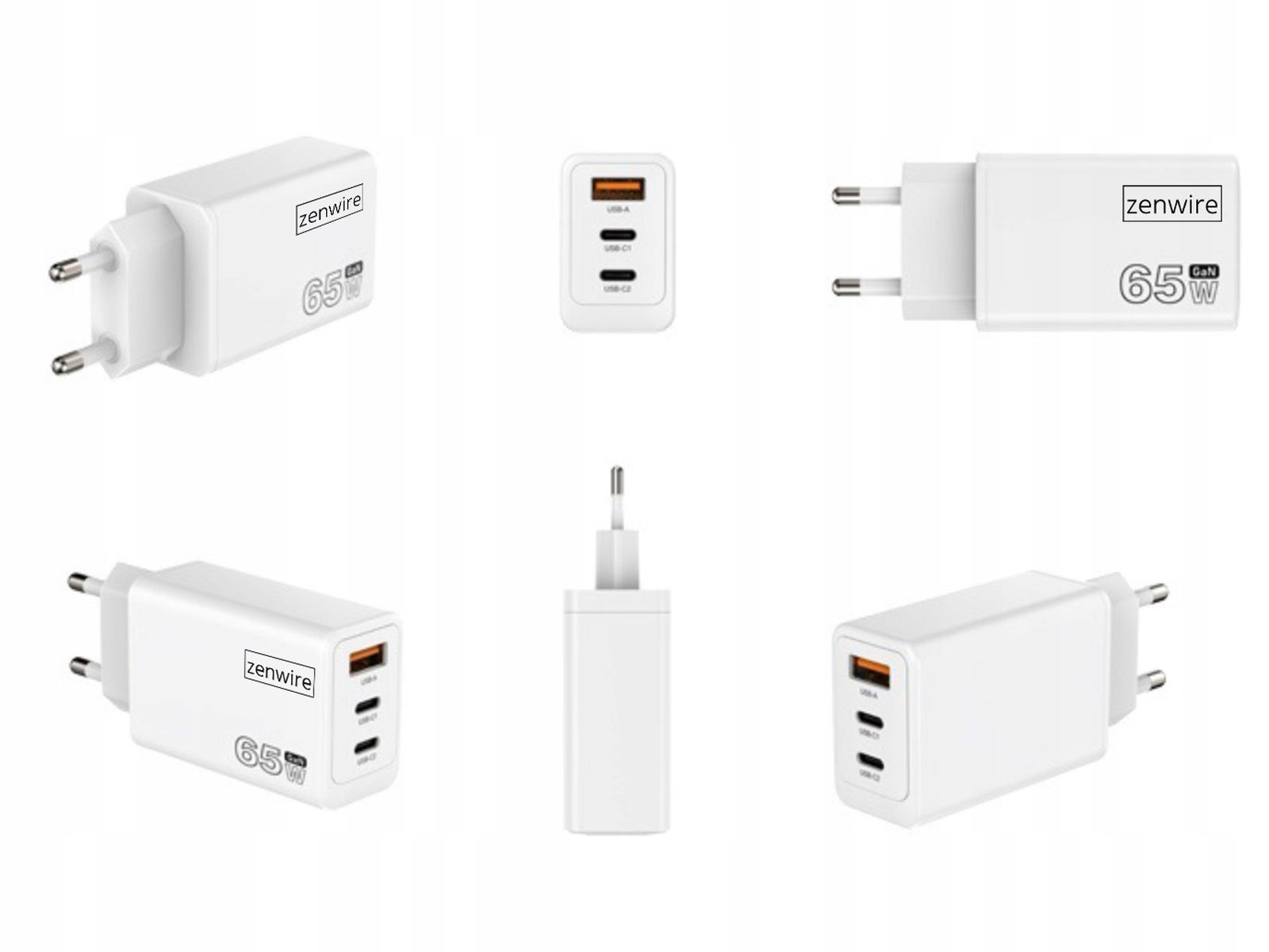 Wiele widoków białej ładowarki GaN 65W.