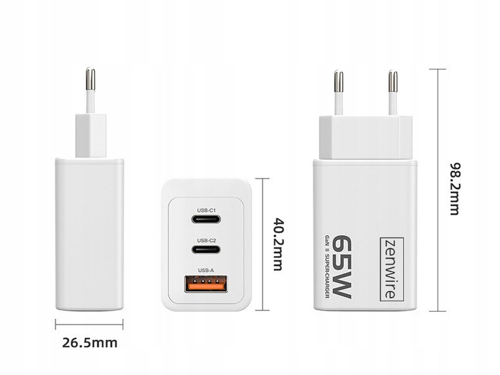 Biała ładowarka z trzema portami i oddzielnym zasilaczem, z wymiarami.