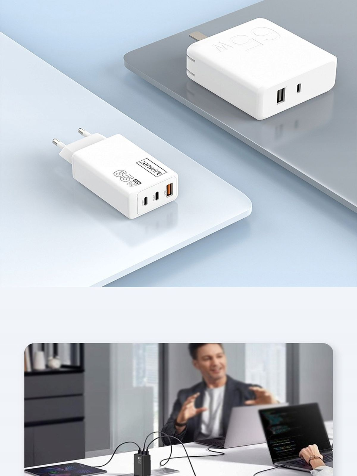 Biała ładowarka GaN 65W z laptopem i tabletem.