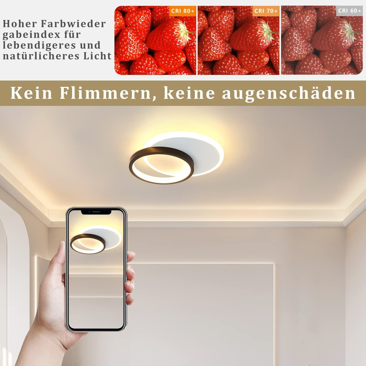 Una mano sosteniendo un teléfono que muestra una luz de techo. La luz tiene un diseño blanco y negro.