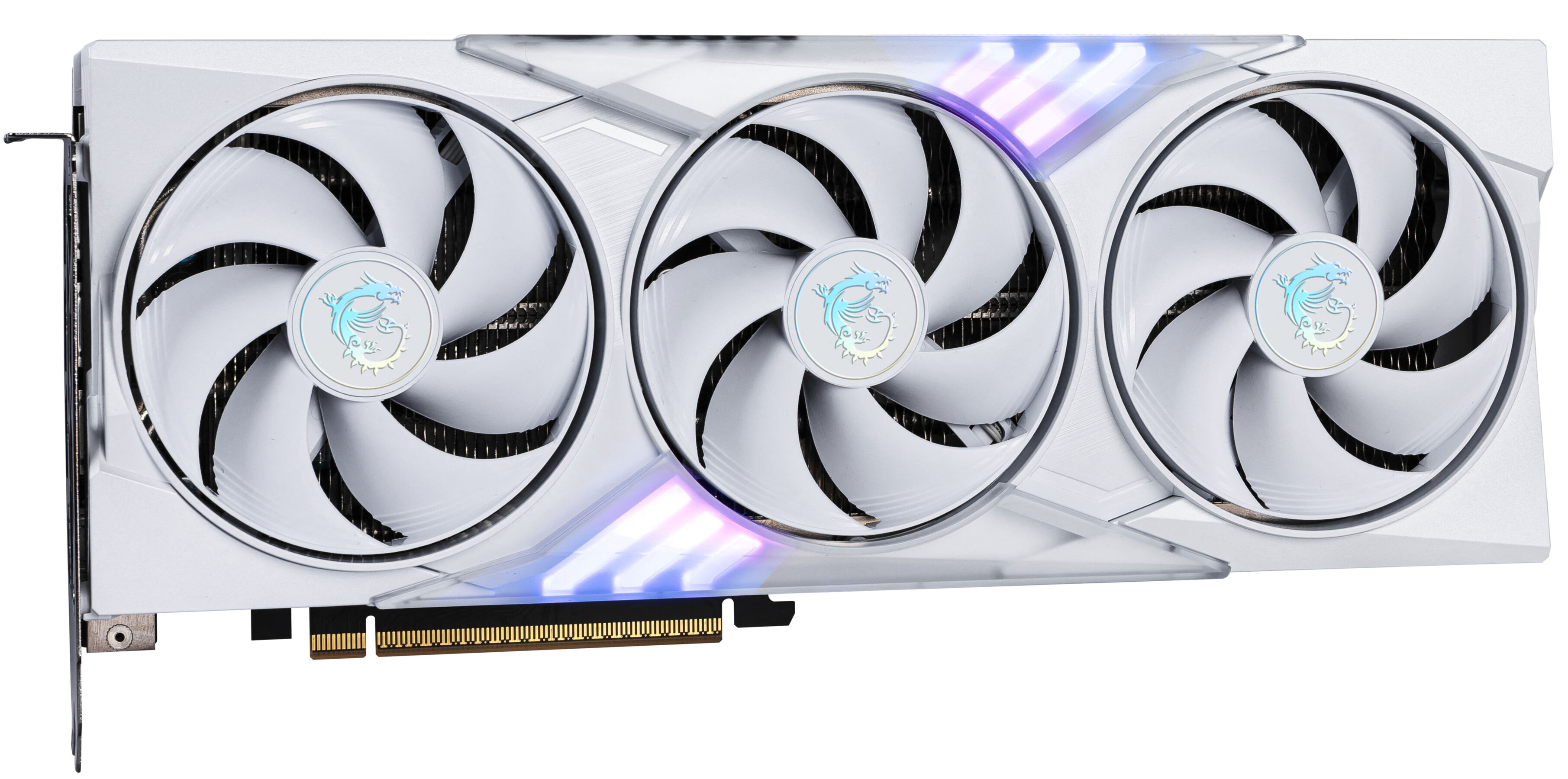 Witte MSI grafische kaart met drie ventilatoren en drakenlogo.