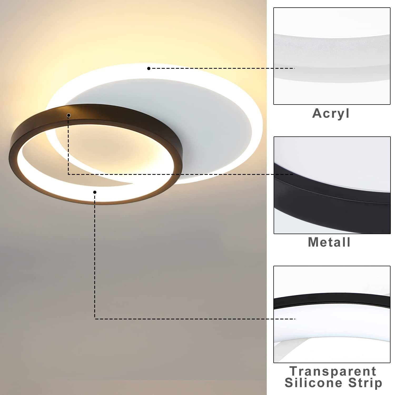 Primer plano de una lámpara de techo blanca y negra que muestra acrílico, metal y tira transparente.