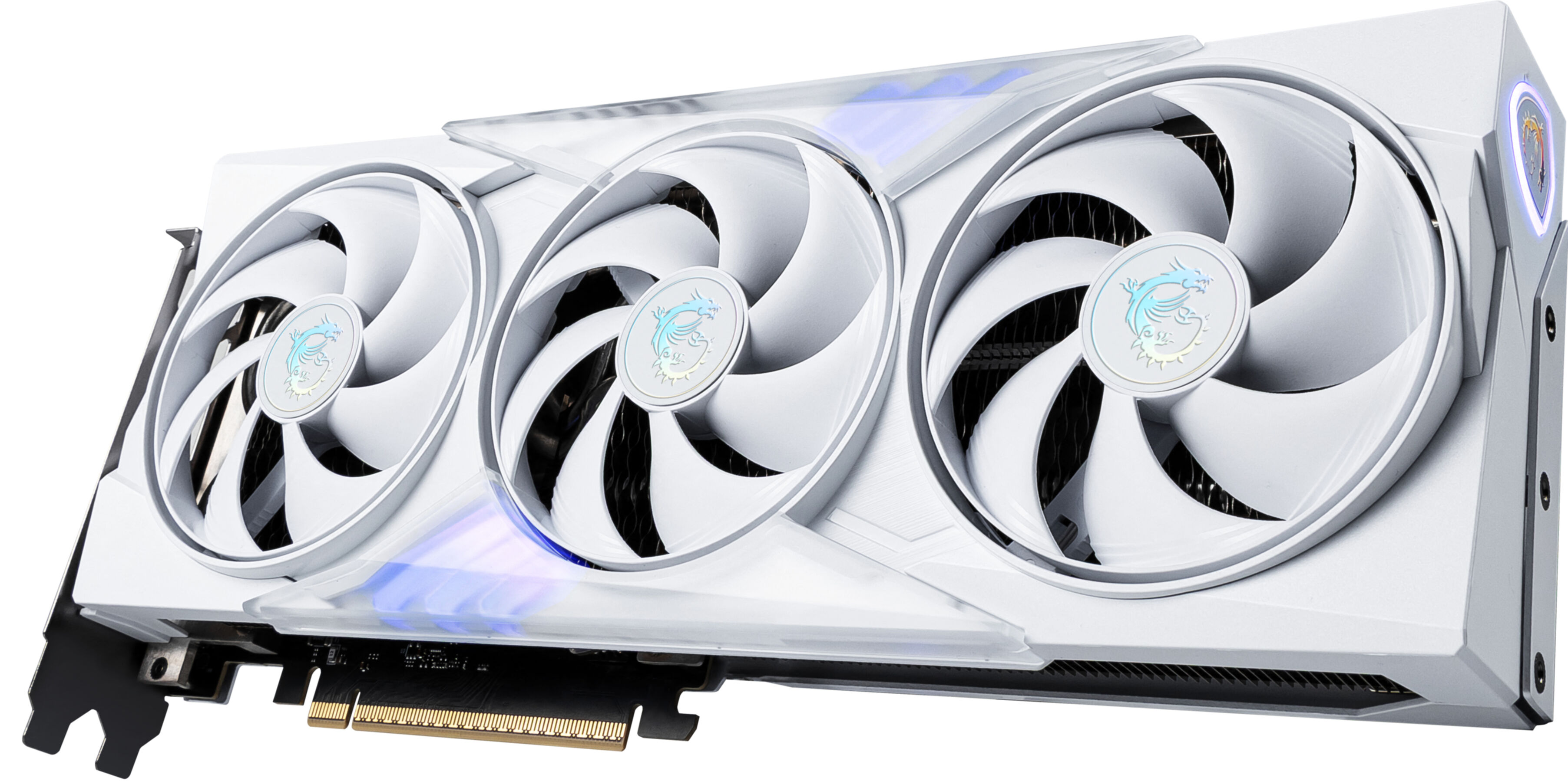 Witte MSI grafische kaart met drie ventilatoren, drakenlogo en blauwe lichten.